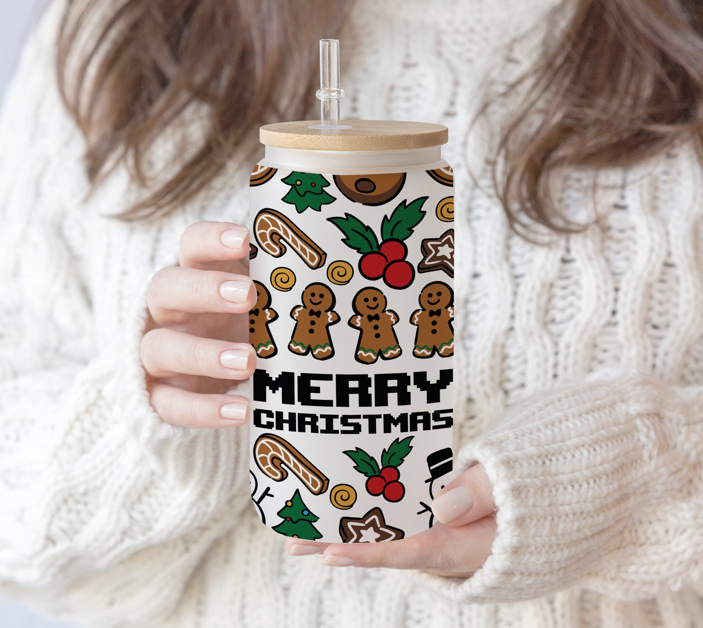 16 oz Libbey Glass Can Sublimation Funny Gingerbread Merry Christmas Santa Cookie | Snowman Christmas Tree | SVG PNG Cricut Digital