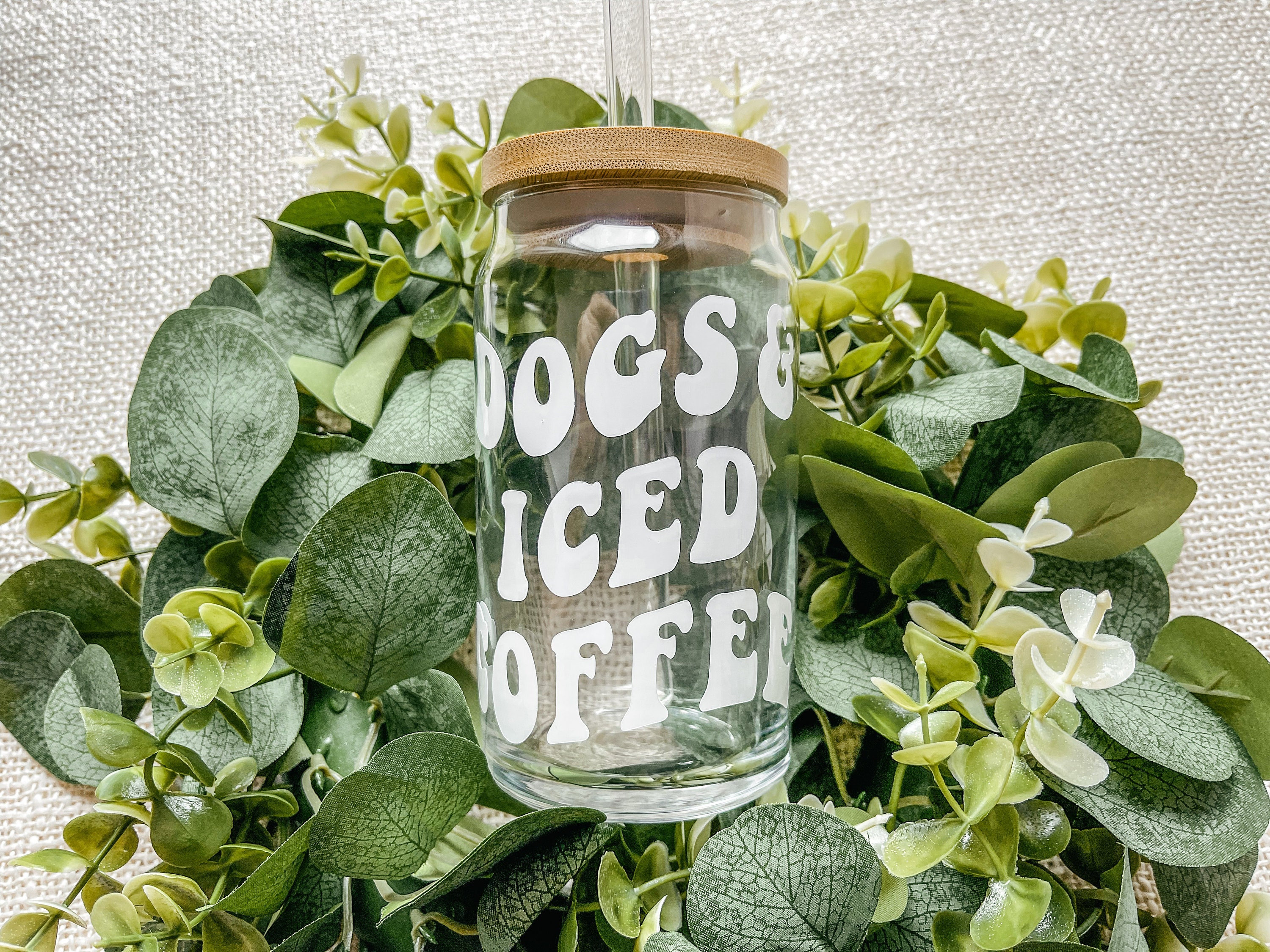 Dogs and Iced Coffee Glass, Dog Mom Gifts, Dog Lover Gifts, Beer Can Glass, Aesthetic Glass Can, Iced Latte Glass with Bamboo Lid