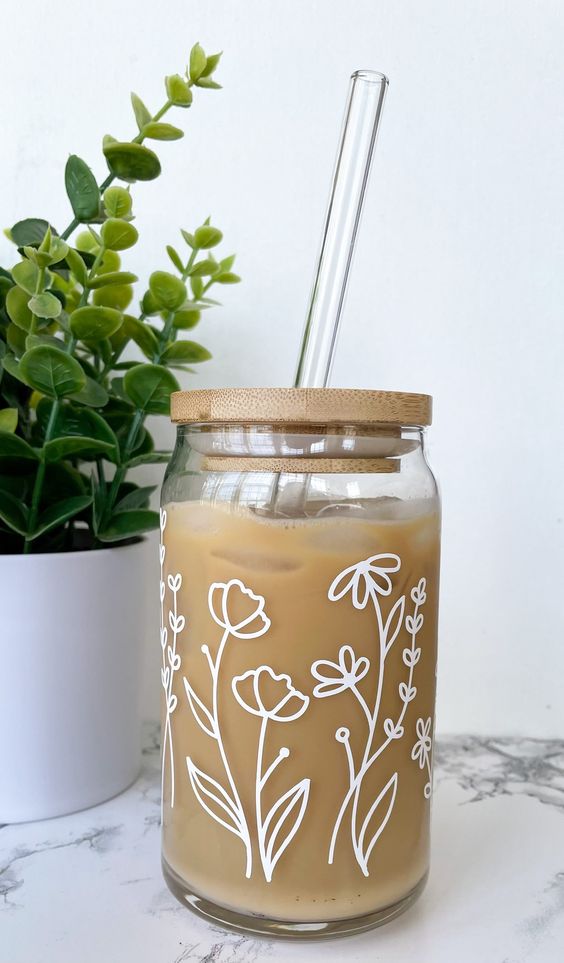 Wildflower can Glass cup, Iced Coffee Cup, Trendy Can Glass Cup