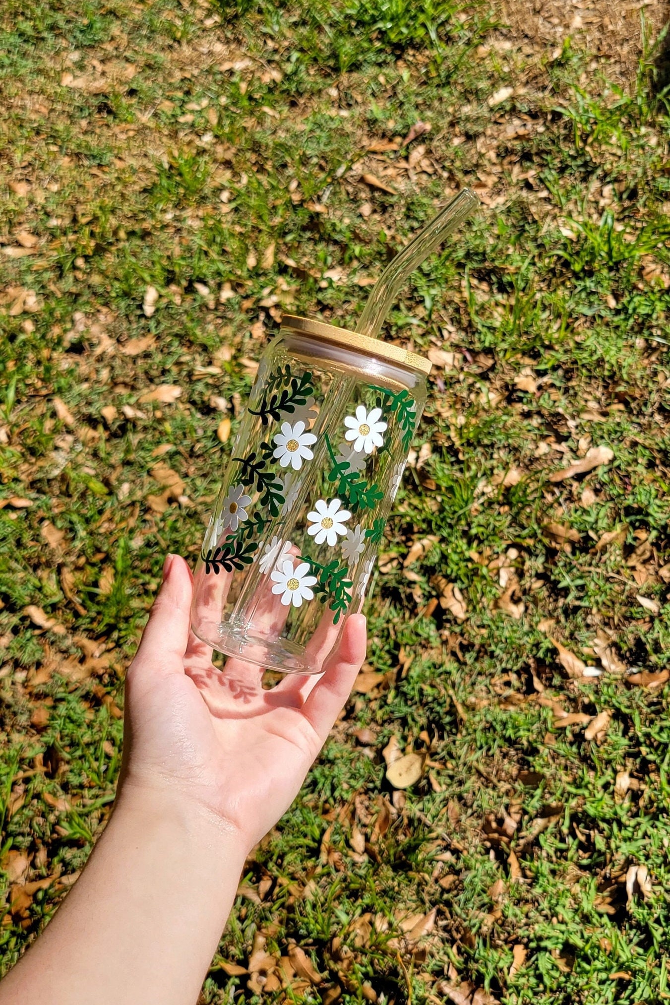 Daisy Iced Coffee Glass Cup With Lid And Straw Spring Aesthetic Glassware Gift For Plant Lover Gift For Plant Mom Decor For Plant Lover