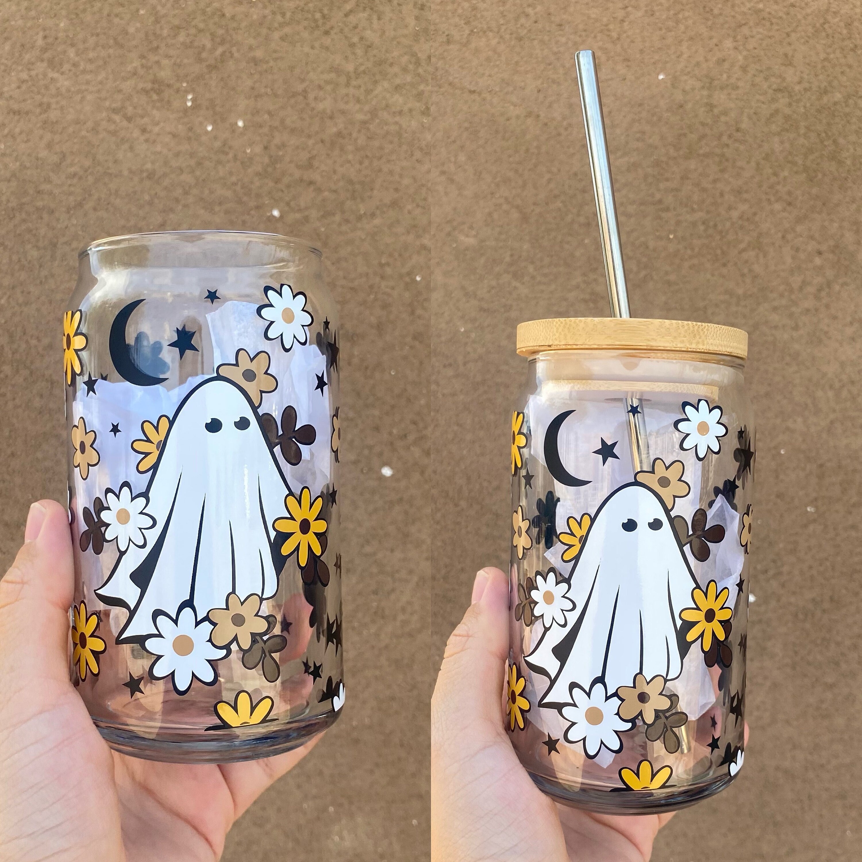 Retro Daisy Ghosts Glass Can, Halloween Glass Can,  Libbey Glass Can, Daisy Flowers, Halloween Cups, Daisy Cups, Ghosts Cups,Halloween Decor