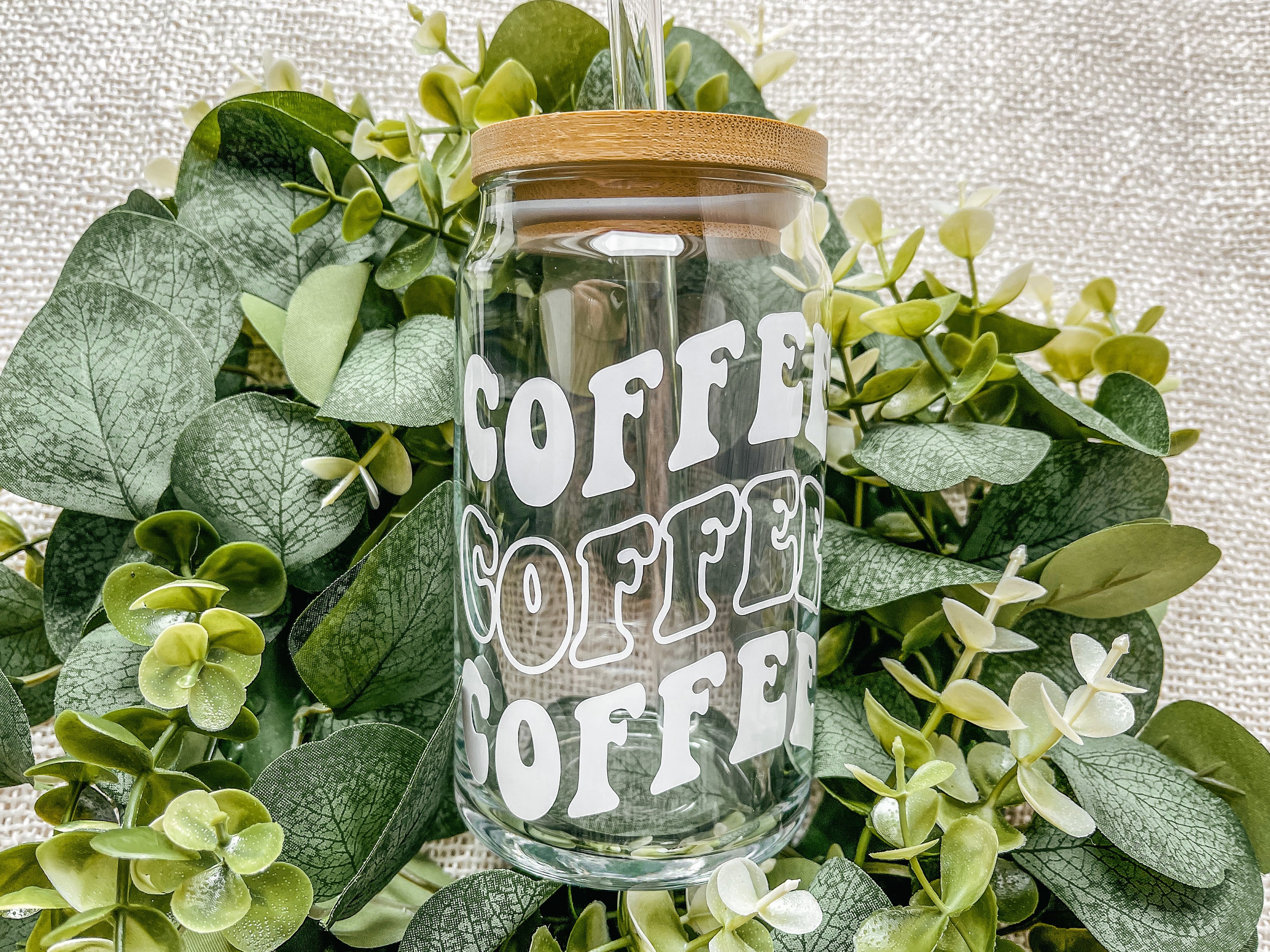 Coffee Coffee Coffee Glass Can, Wavy Iced Coffee Glass, Retro Iced Coffee, Beer Can Glass, Coffee Glass With Bamboo Lid And Straw