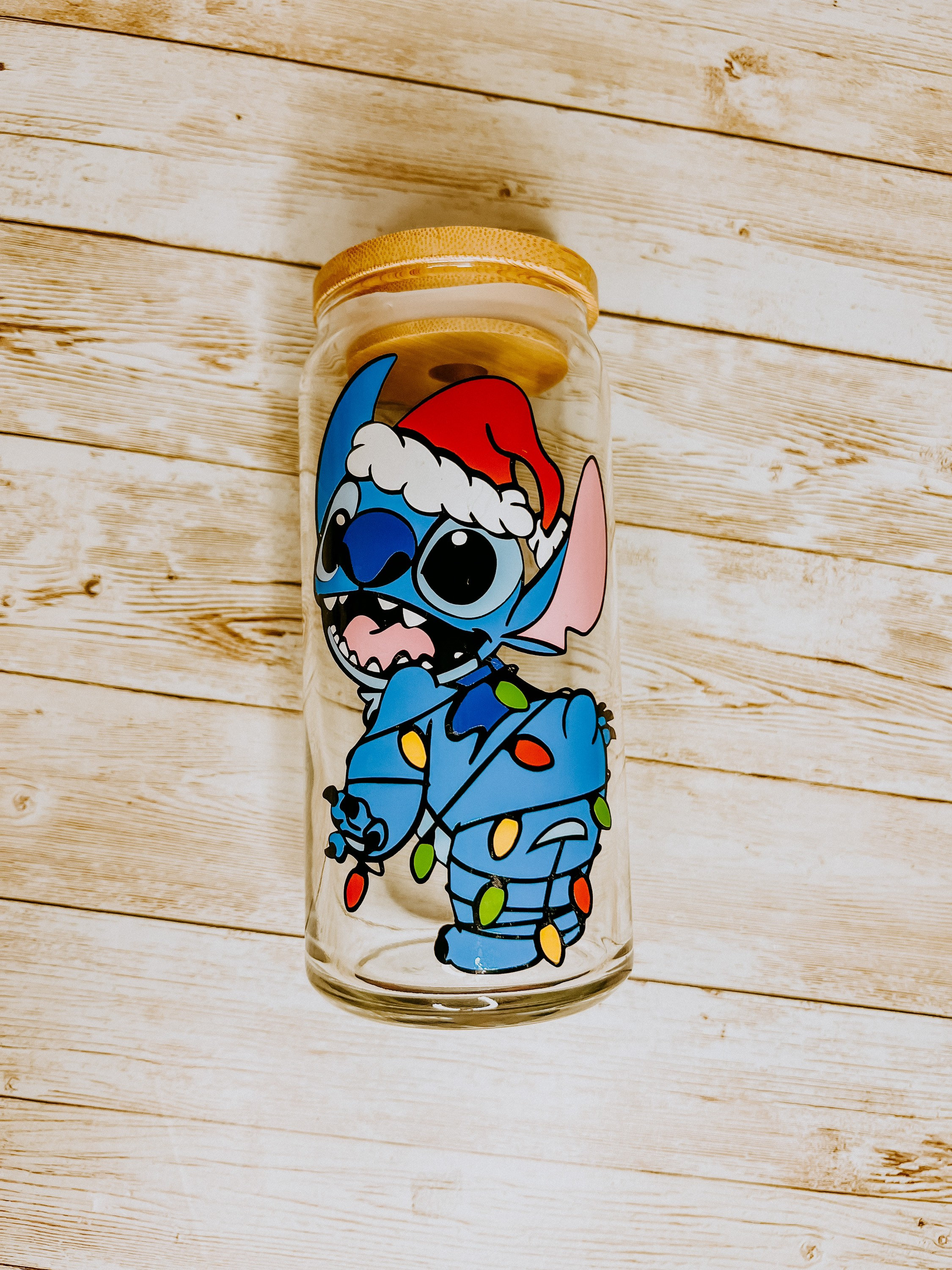 Stitch Christmas beer can glass | Christmas lights | coffee glass | gift idea | glass tumbler | libbey can glass | iced coffee glass