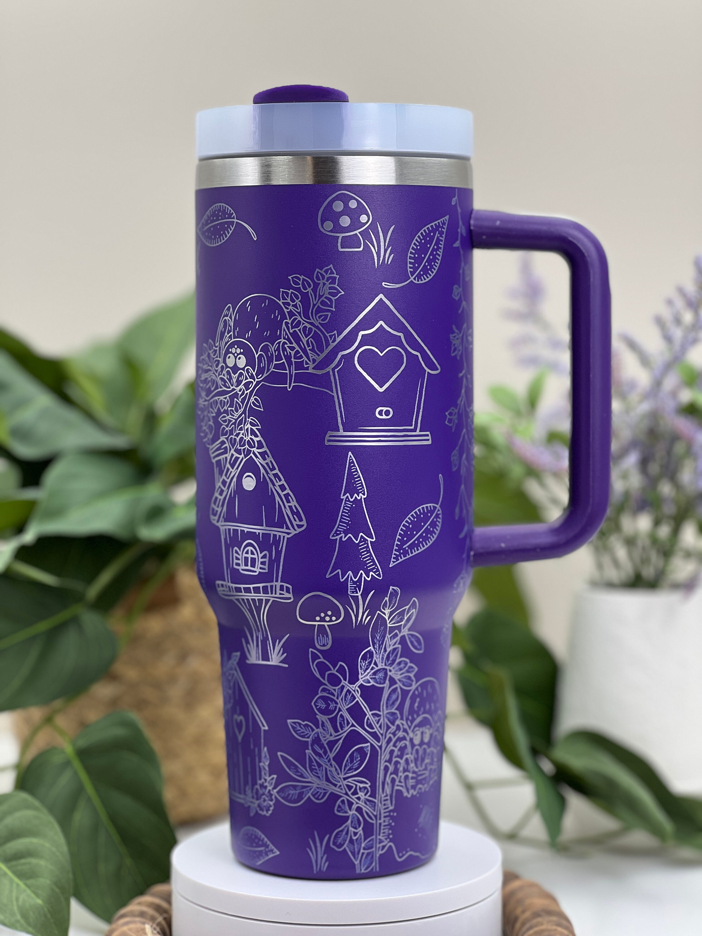 Cute Jumping Spiders Laser Engraved 40oz Purple Non Branded Double Wall Insulated Tumbler w Handle & Straw RTS!