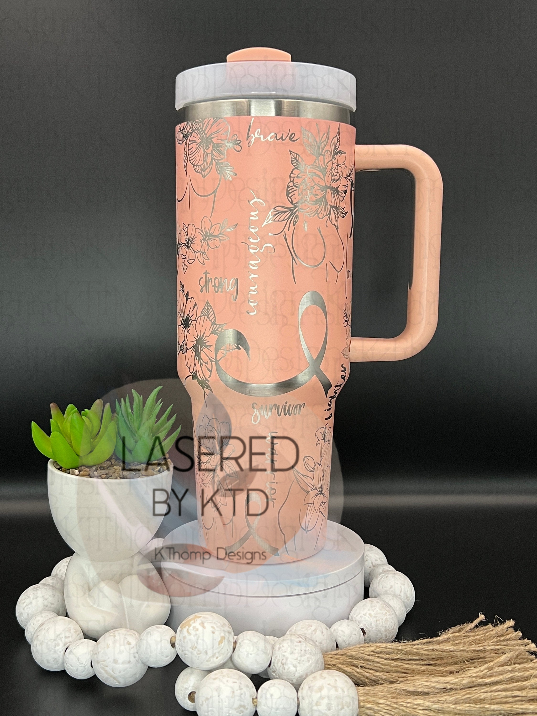 Breast Cancer Floral Laser Engraved 40oz Tumbler with Handle Lid and Straw, Custom Engraved Seamless Tumbler, Double Wall Insulated Cup