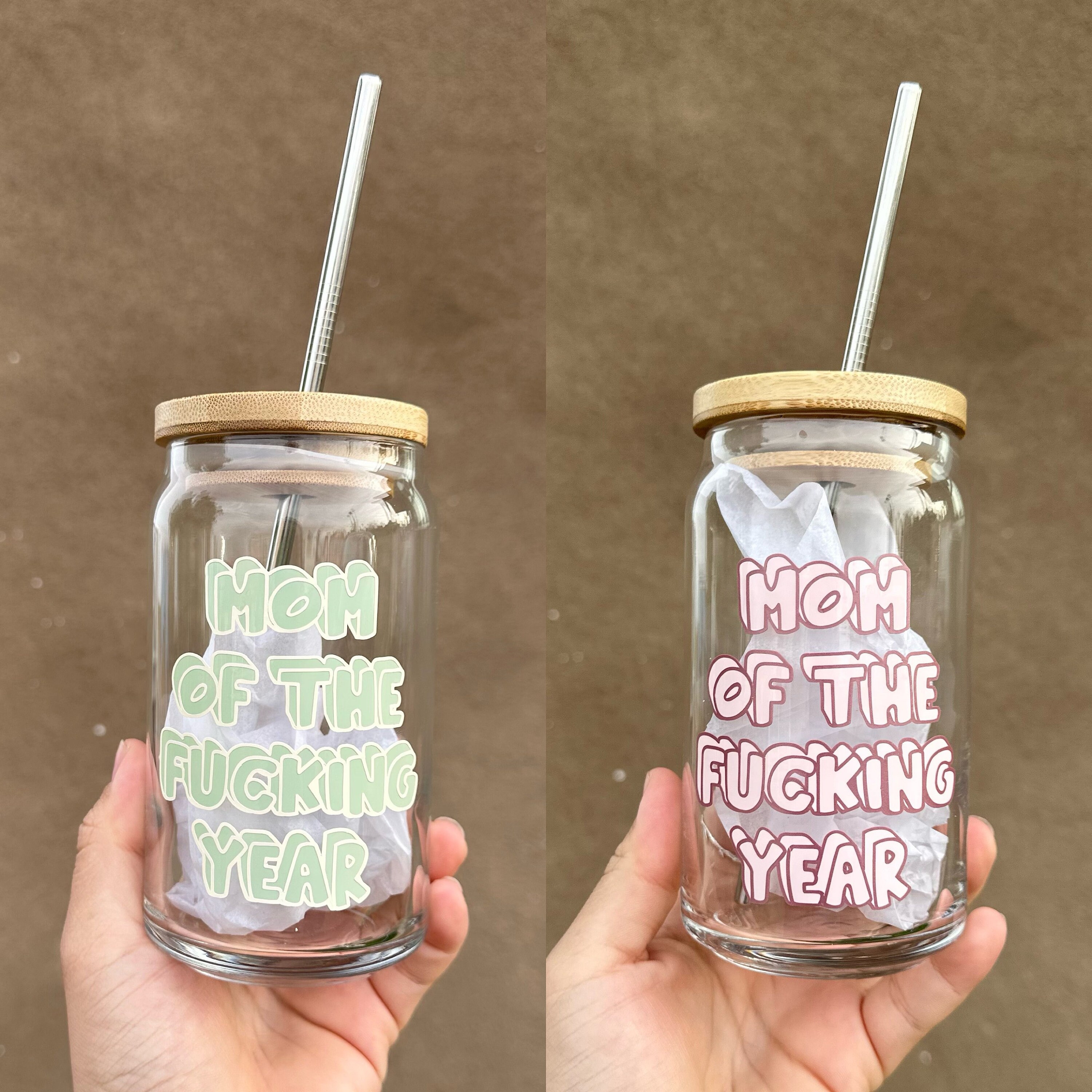 Mom of the Year Beer Glass, mothers day Cup, Moms, mom cups, mum of the year, mom gift ,Iced Coffee Glass, Glass Can, Bamboo Lid,Libbey