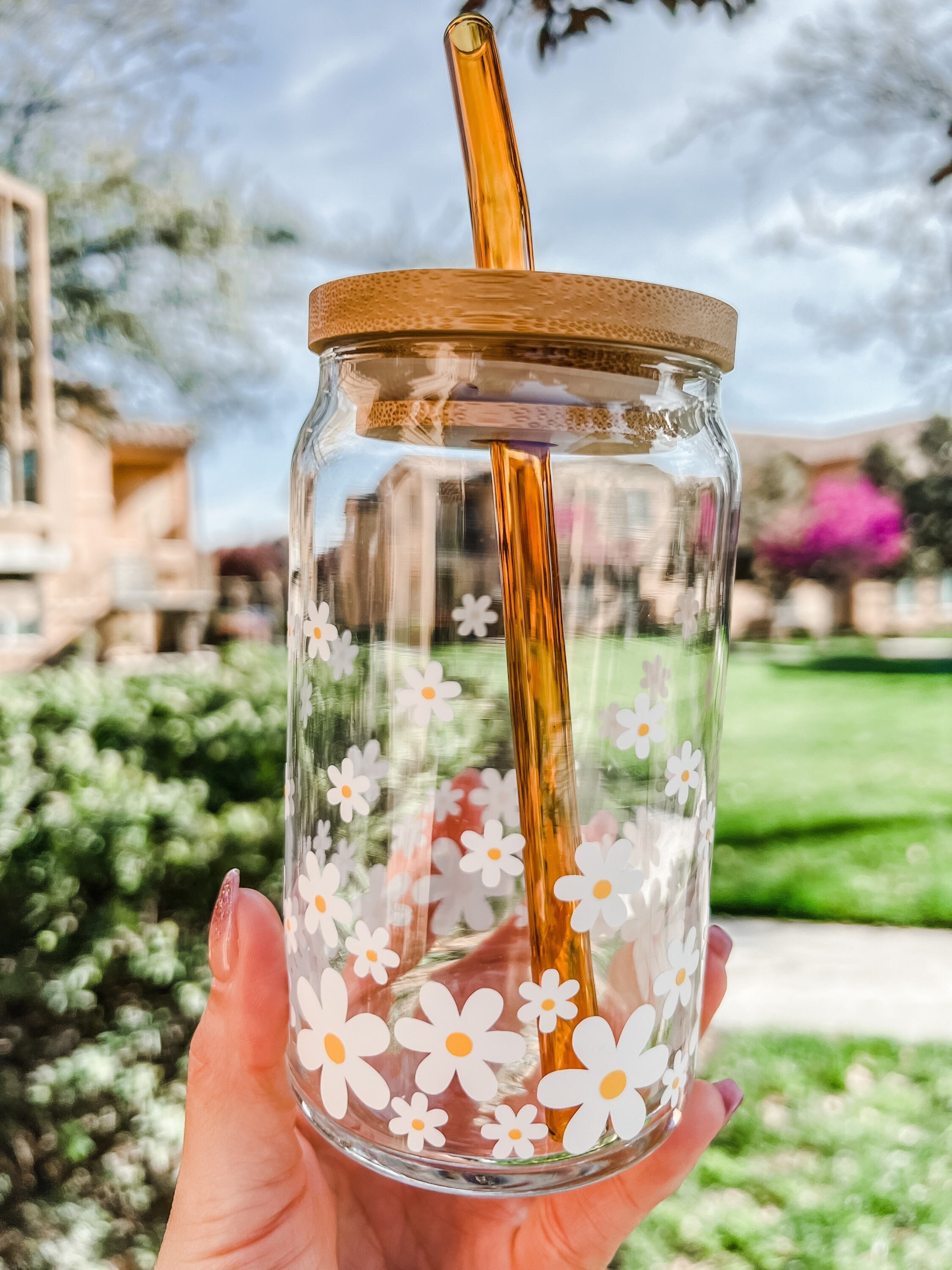 Daisy Beer Can Glass | Spring Iced Coffee Cup | Bamboo Lid and Glass Straw Cup