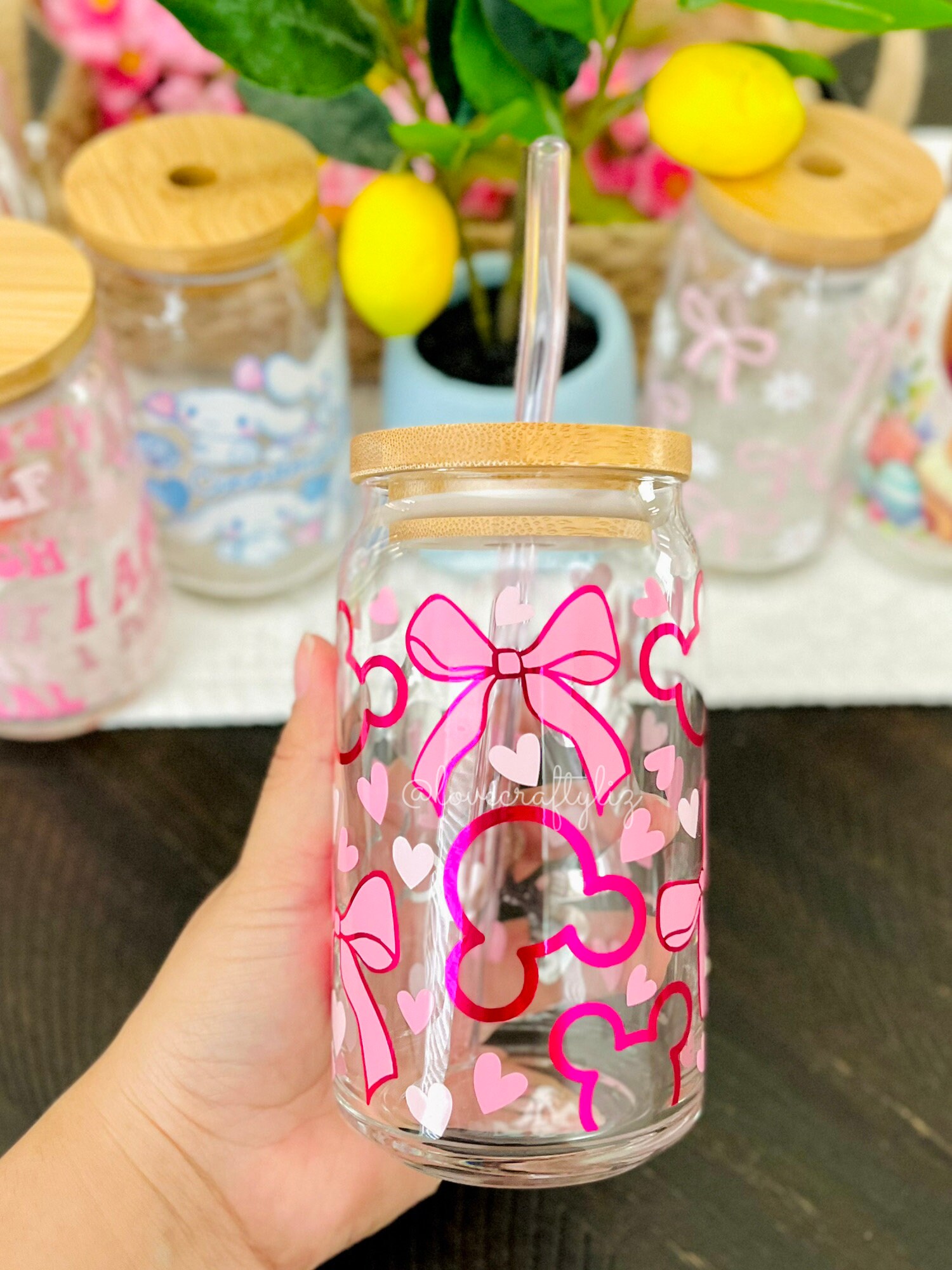 Coquette Mouse Bows Hearts 16oz Beer Can Glass | Spring Cup | Iced Coffee | Smoothie | Gift | Mom | Floral | Minnie | Disney Ears