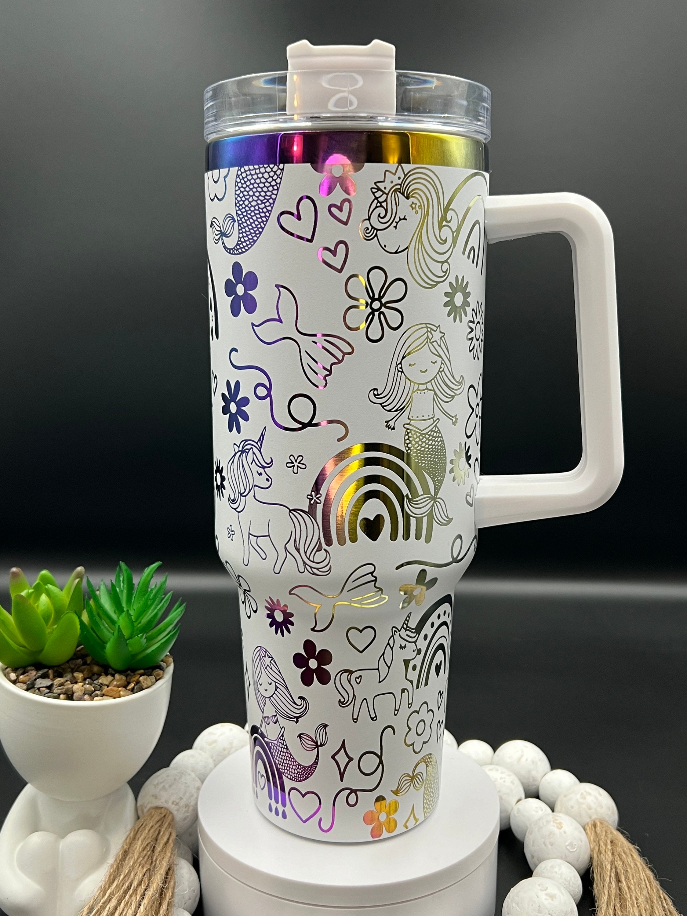 Unicorns Mermaids & Rainbows Laser Engraved 40oz Tumbler with Handle Lid and Straw, Custom Engraved Seamless Double Wall Insulated Tumbler