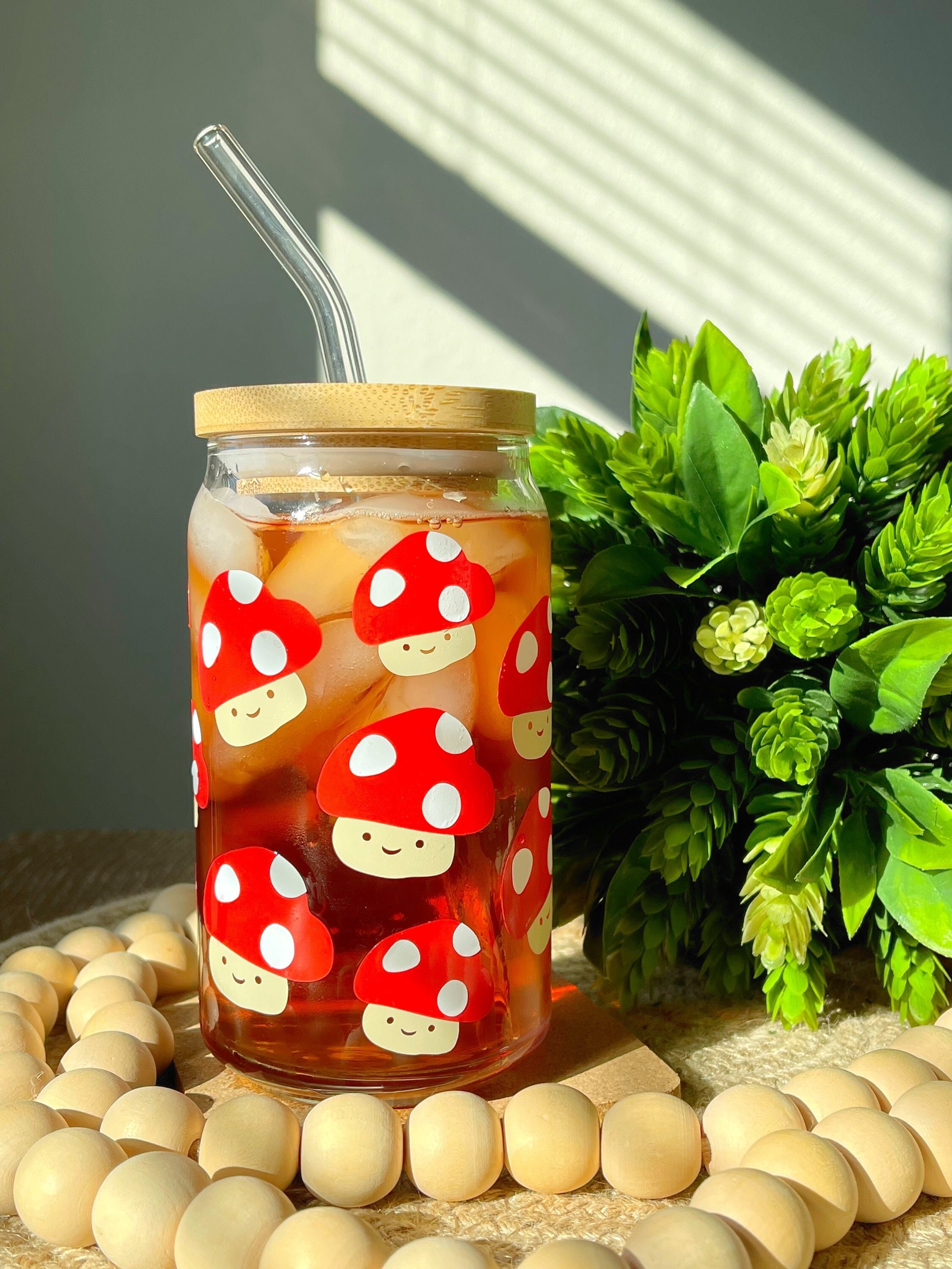 Kawaii Mushroom Beer Can Glass, Mushroom Iced Coffee Cup, Beer Glass Can, Gift for her, Kawaii Glass Cup, Iced Coffee Cup, Trendy Glass cup