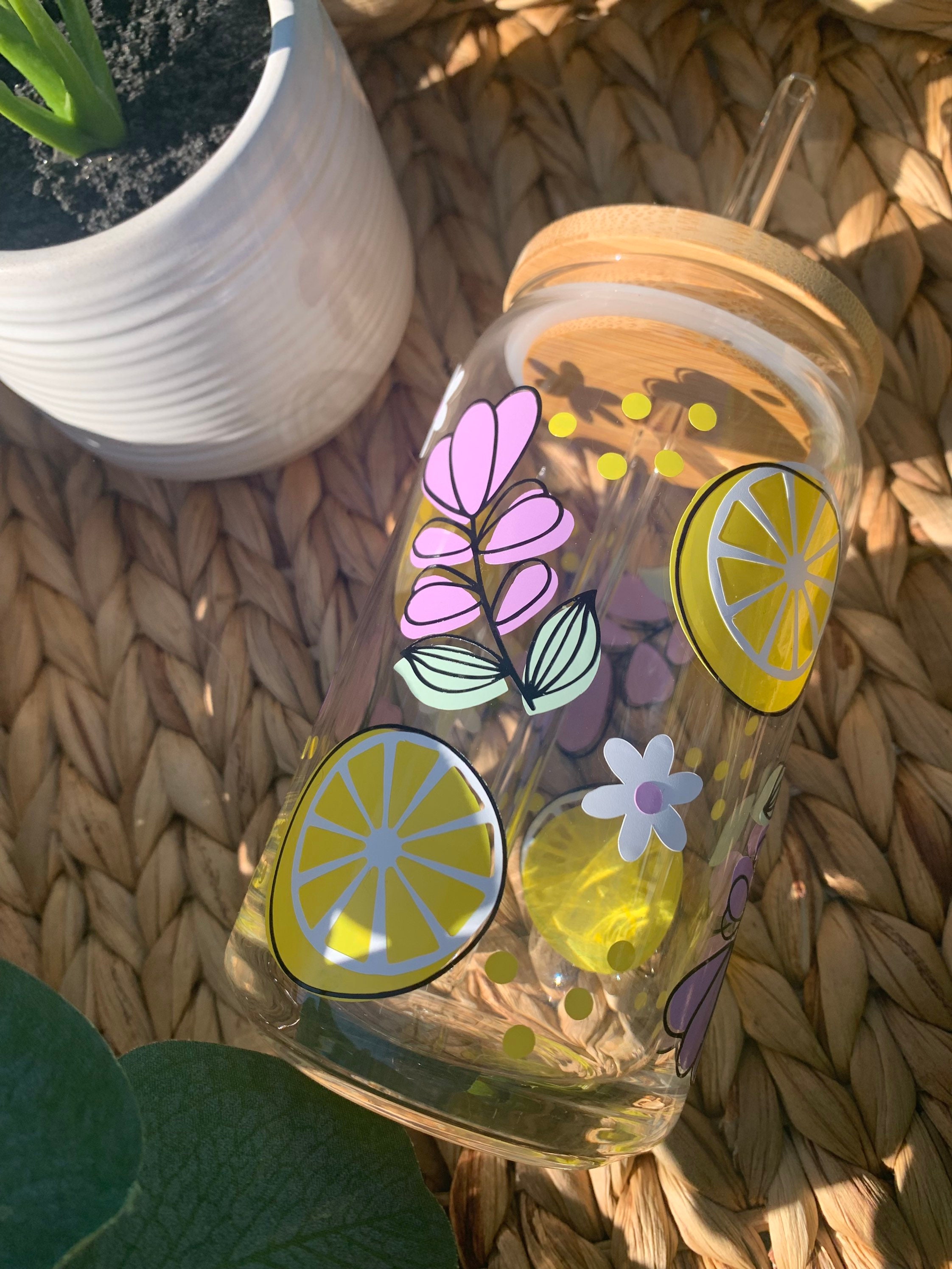 Boho lavender & lemon beer can glass, beer can glass, Beer glass, libbey glass, boho art, engraved lid, coffee glass, iced coffee glass