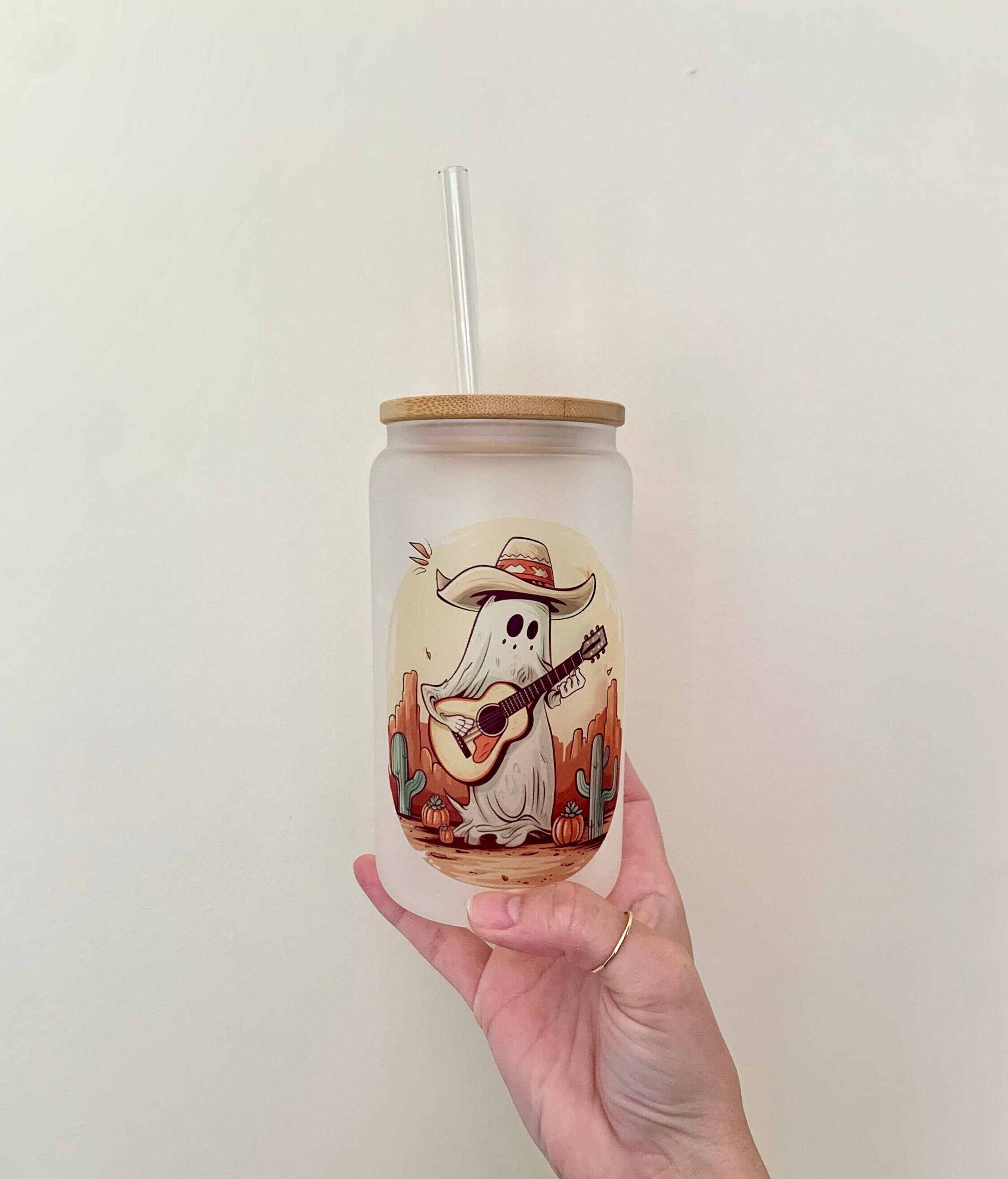 Cowboy Ghost Beer Can Glass / Cute Western Ghost Coffee Cup / Halloween Gift / Custom Iced Coffee Cup / Spooky Season / Gift for Her /