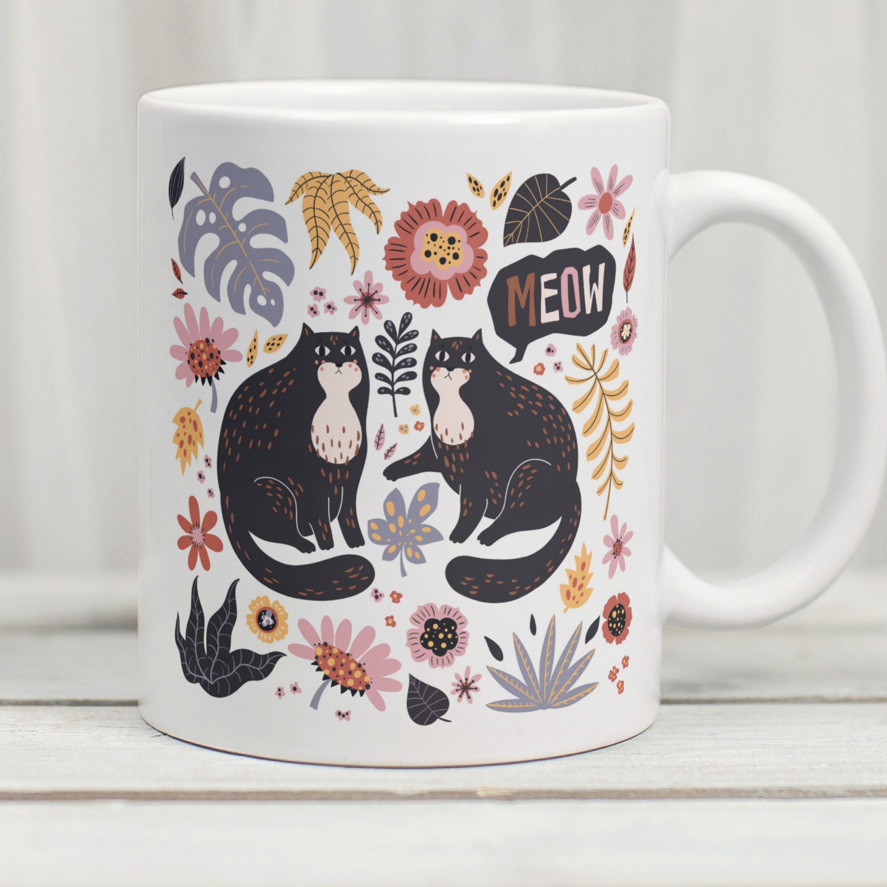 Black Cat Mug, Cat Coffee Mug, Pretty Cat Mug, Cat Lover Gift, Cottagecore Mug