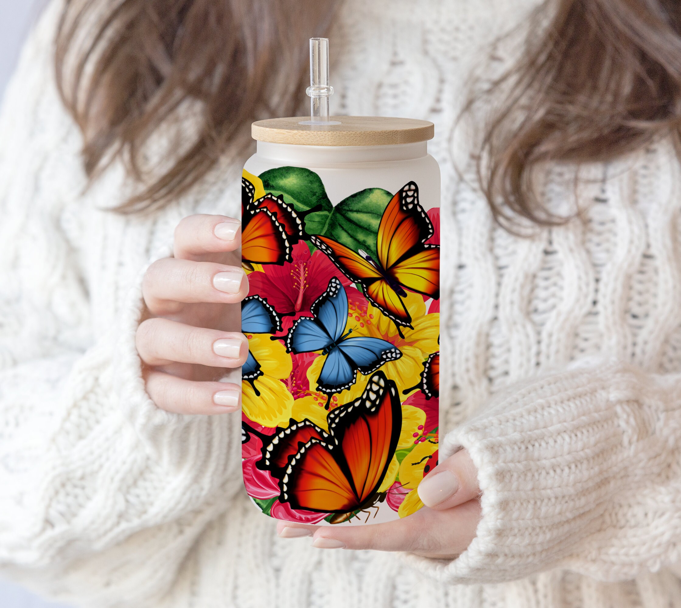 3 files 16 oz Libbey Glass Can Tumbler Sublimation Design Mama Butterfly Sunflower gift for Mom Floral Wrap butterflies png, Mother day