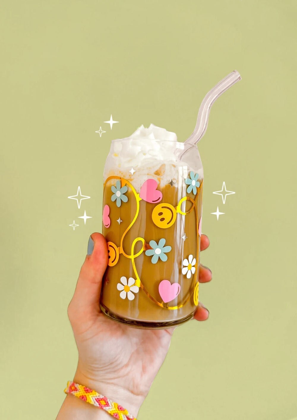 Groovy Lights Glass Cup | Groovy Can Glass | Groovy Cup | Cute Can Glass | Smiling Face Can Glass | Cute Iced Coffee Glass | Cute Glass