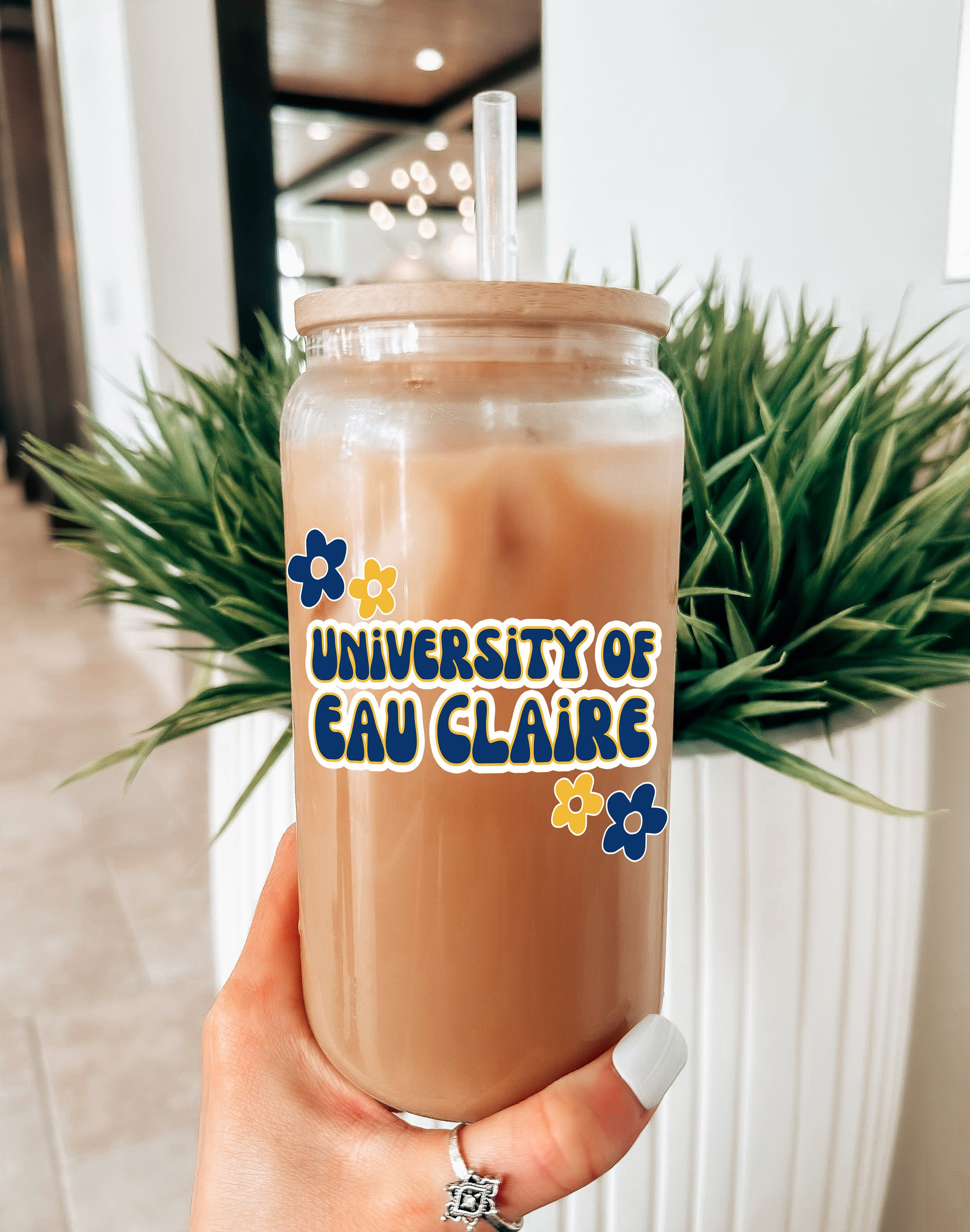 Custom College Merch Iced Coffee Glass, College Logo Cup Name Sports Tumbler Libbey Beer Can Glass  Personalized College Student Gift Grad