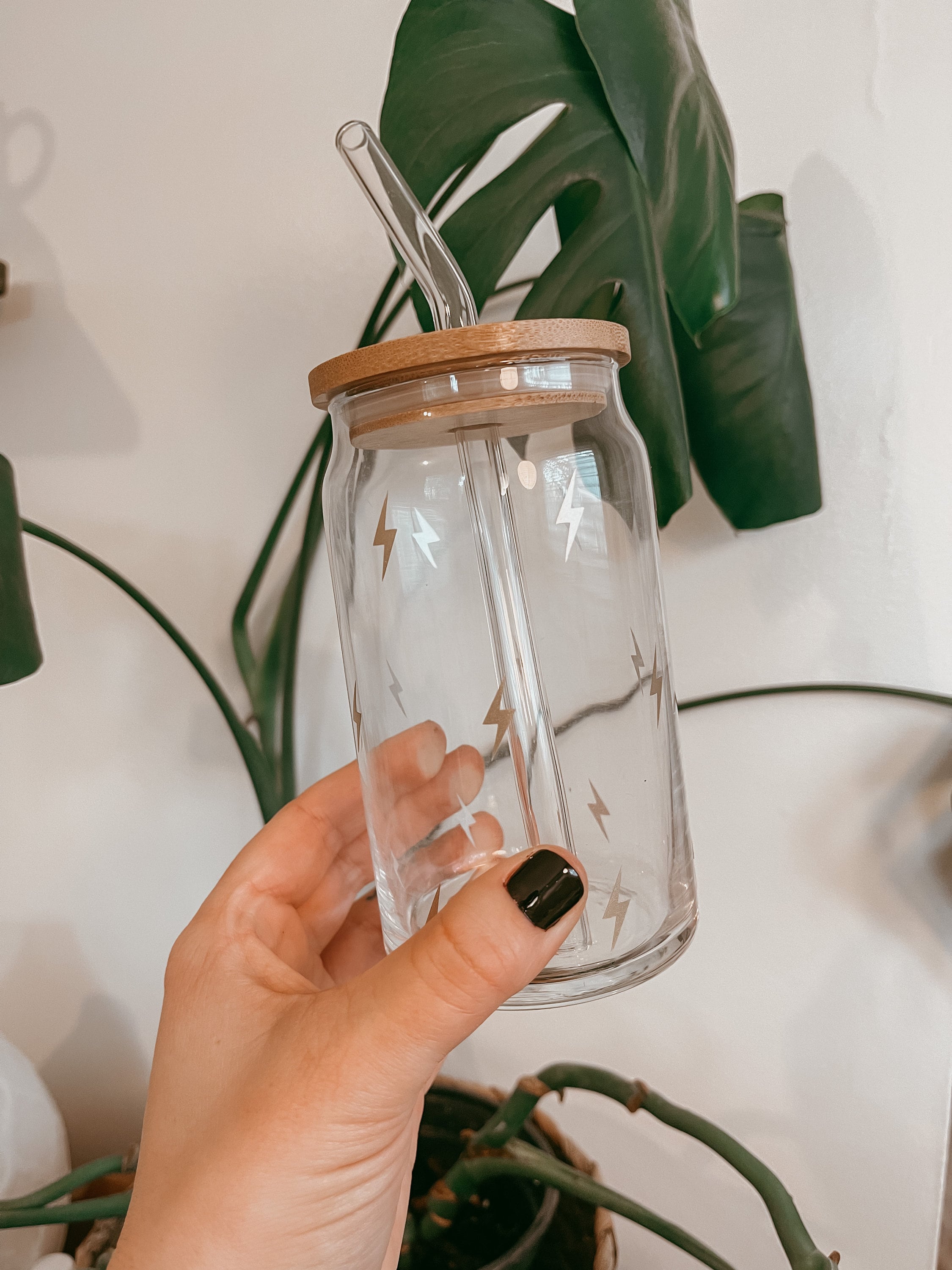 Lightning Bolt Iced Coffee Glass with Bamboo Lid & Glass Straw 16 oz | Beer Can Glass, Can Glass, Tumbler, Lightning, Cup, Cups