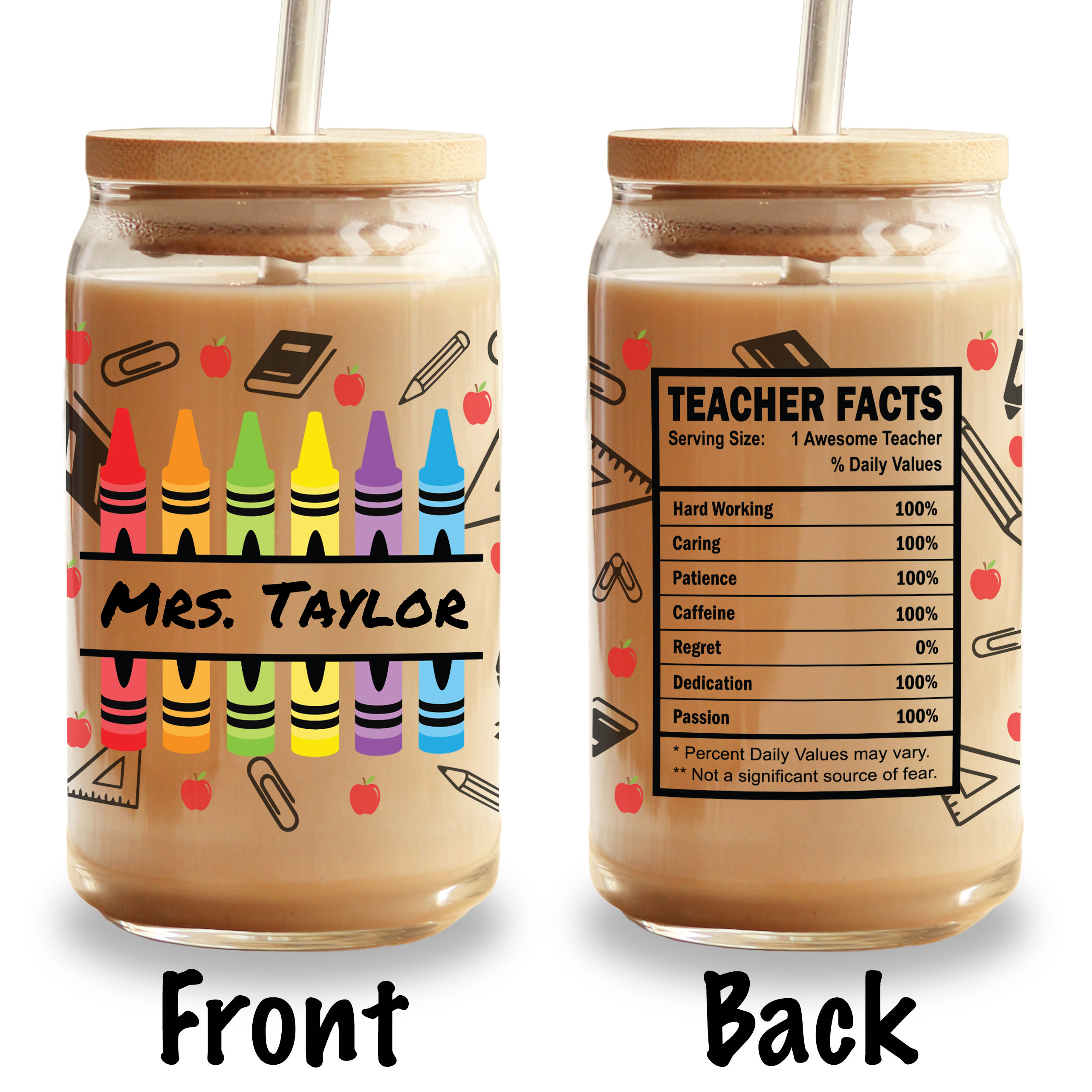 Teacher Appreciation Gift Teacher Tumbler Glass Cup, End of Year Personalized Iced Coffee Cup, School Student Thank You Gift for Teachers