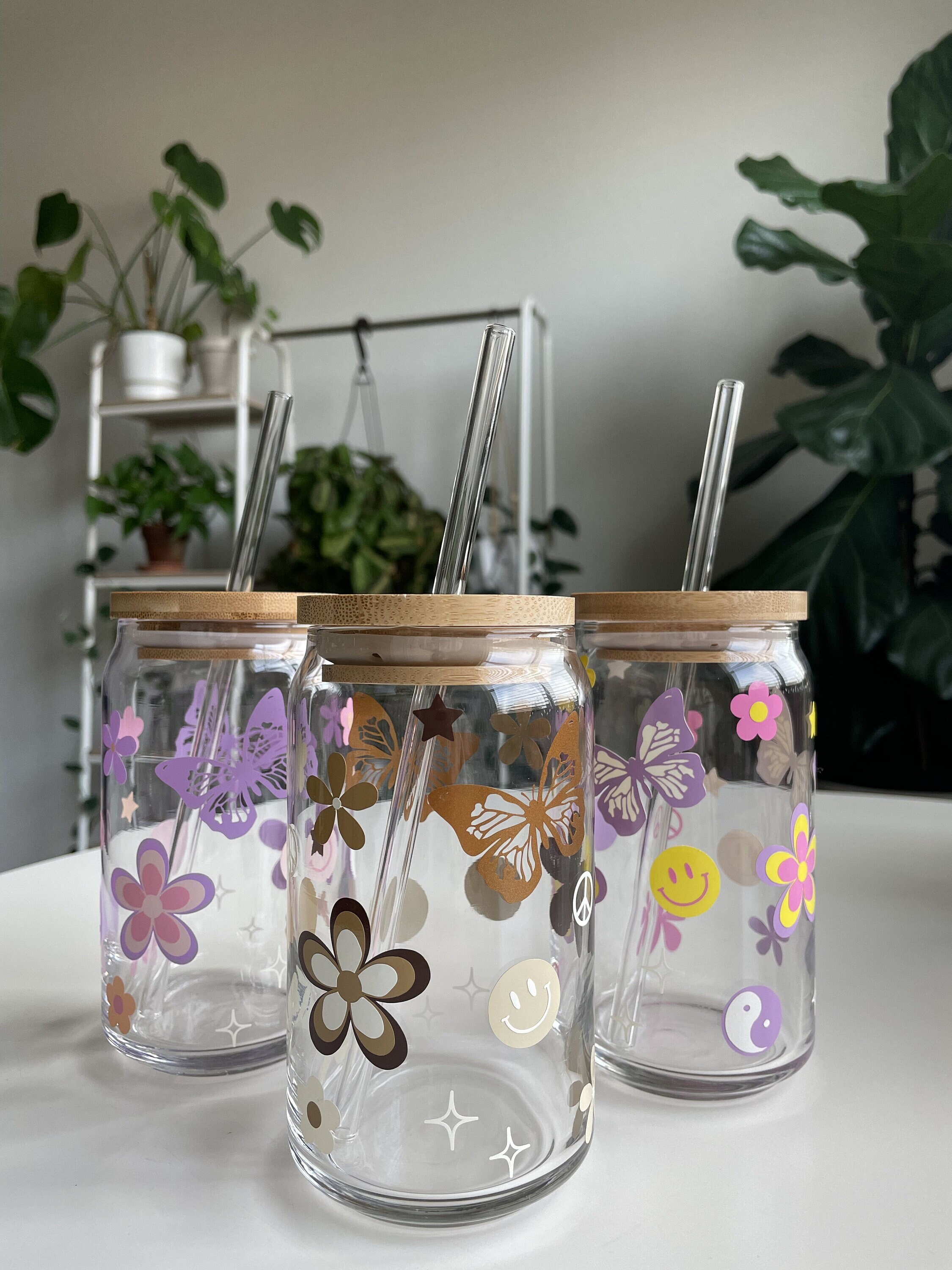 Retro Coffee Glass, Smiley Face Can Glass, Yin Yang Glass Cup, Retro Daisy Glass, Iced Coffee Tumbler, Glass Tumbler, Groovy Soda Can Cup