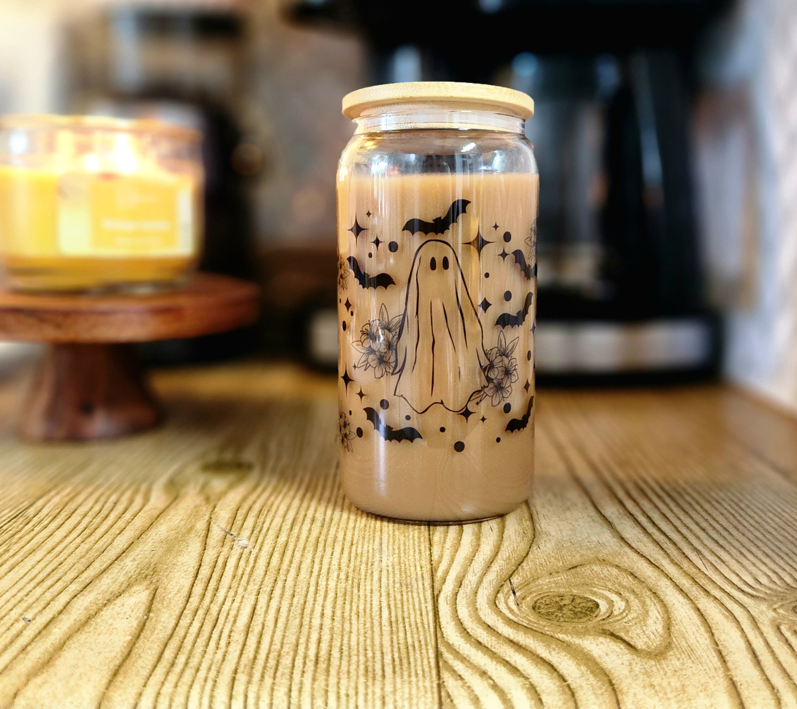 Ghost Floral iced coffee cup, floral cup, Iced Coffee Cup , Glass Can , Glass Cup with Lid and Straw , Gifts for Women, coffee aesthetic