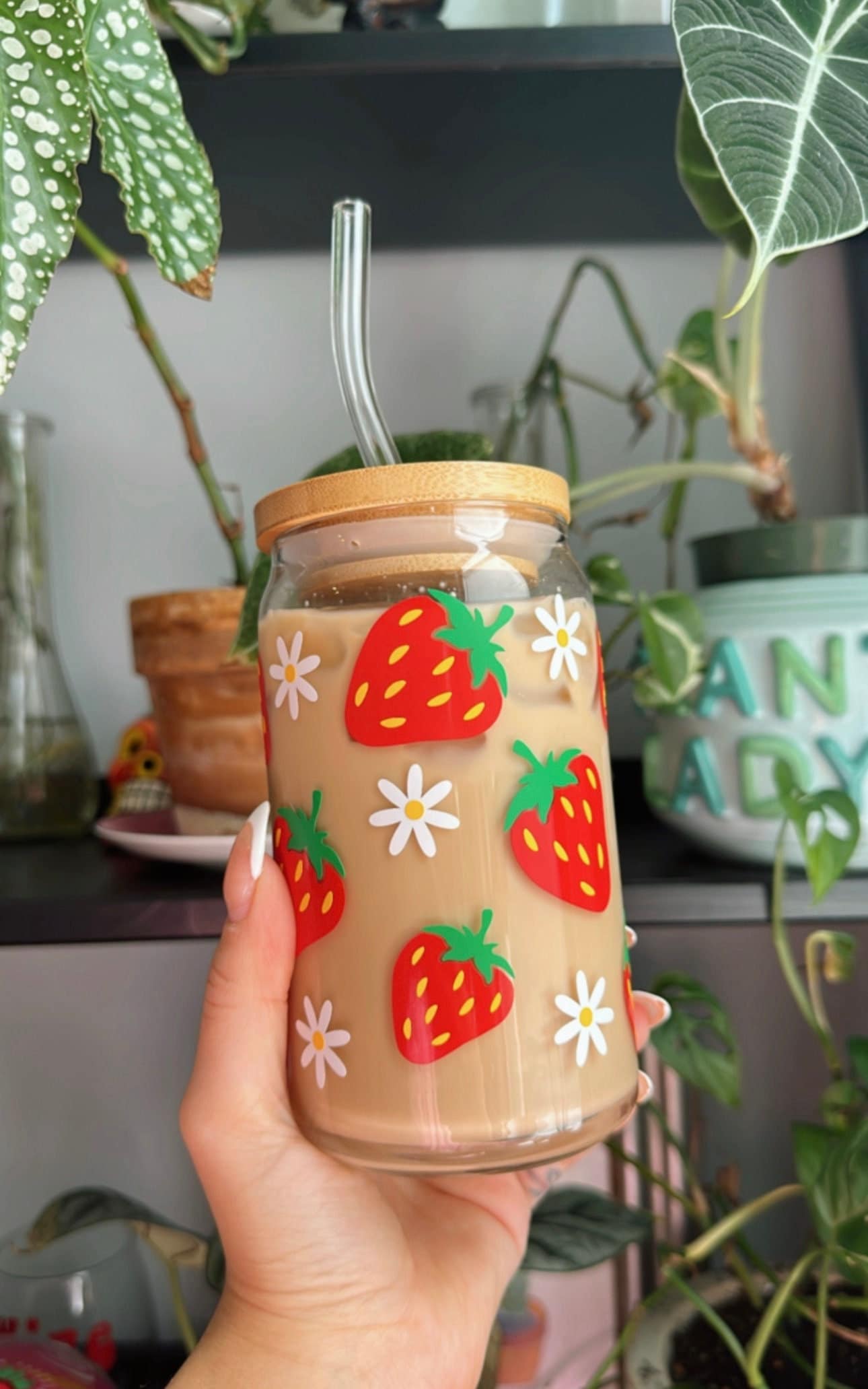 Strawberry Glass Cup | Summer Iced Coffee Cup | Spring Iced Coffee Cup | Strawberry Lover Cup | Strawberry Coffee Cup | Glass Can Cup |