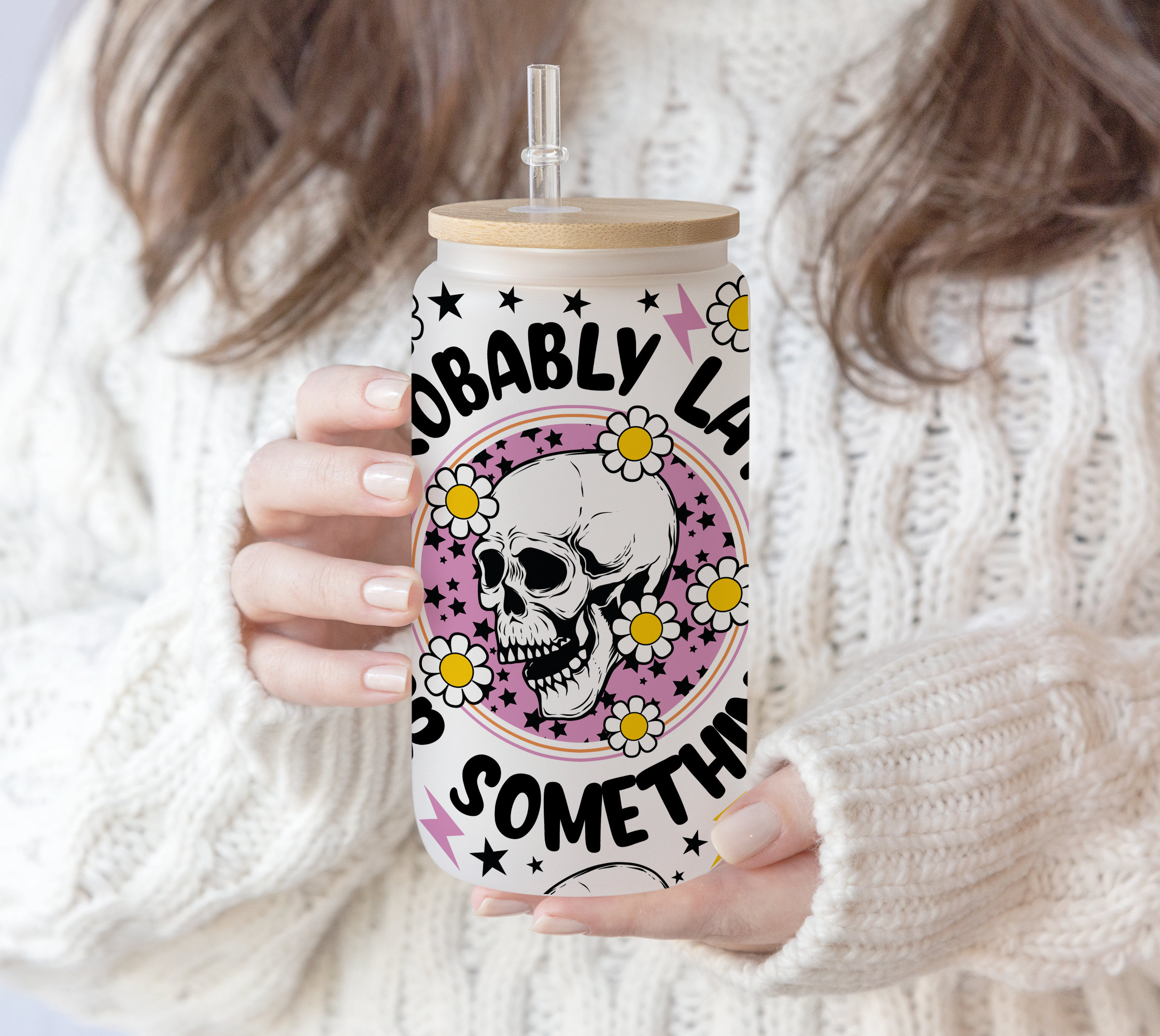 16 oz Libbey Beer Glass Can Retro Probably late for something PNG | Cute Flower Skull Skeleton Trendy Halloween PNG Digital Download