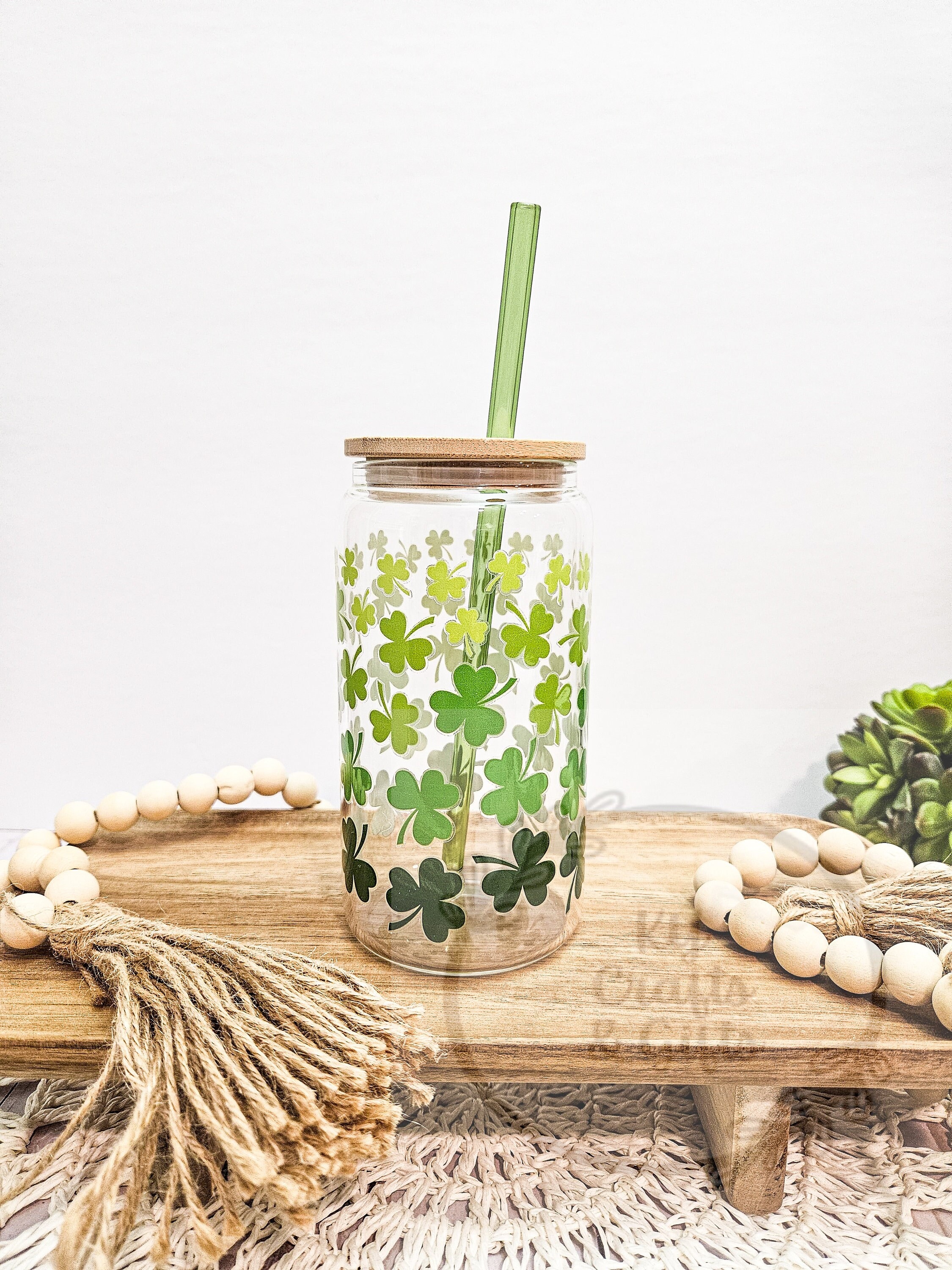 Shamrock Glass Cup, St. Patrick’s Day Beer Can Glass With Lid, Green Clover, Lucky Vibes, Iced Coffee Cup, Aesthetic Glass Can, Ombre, March