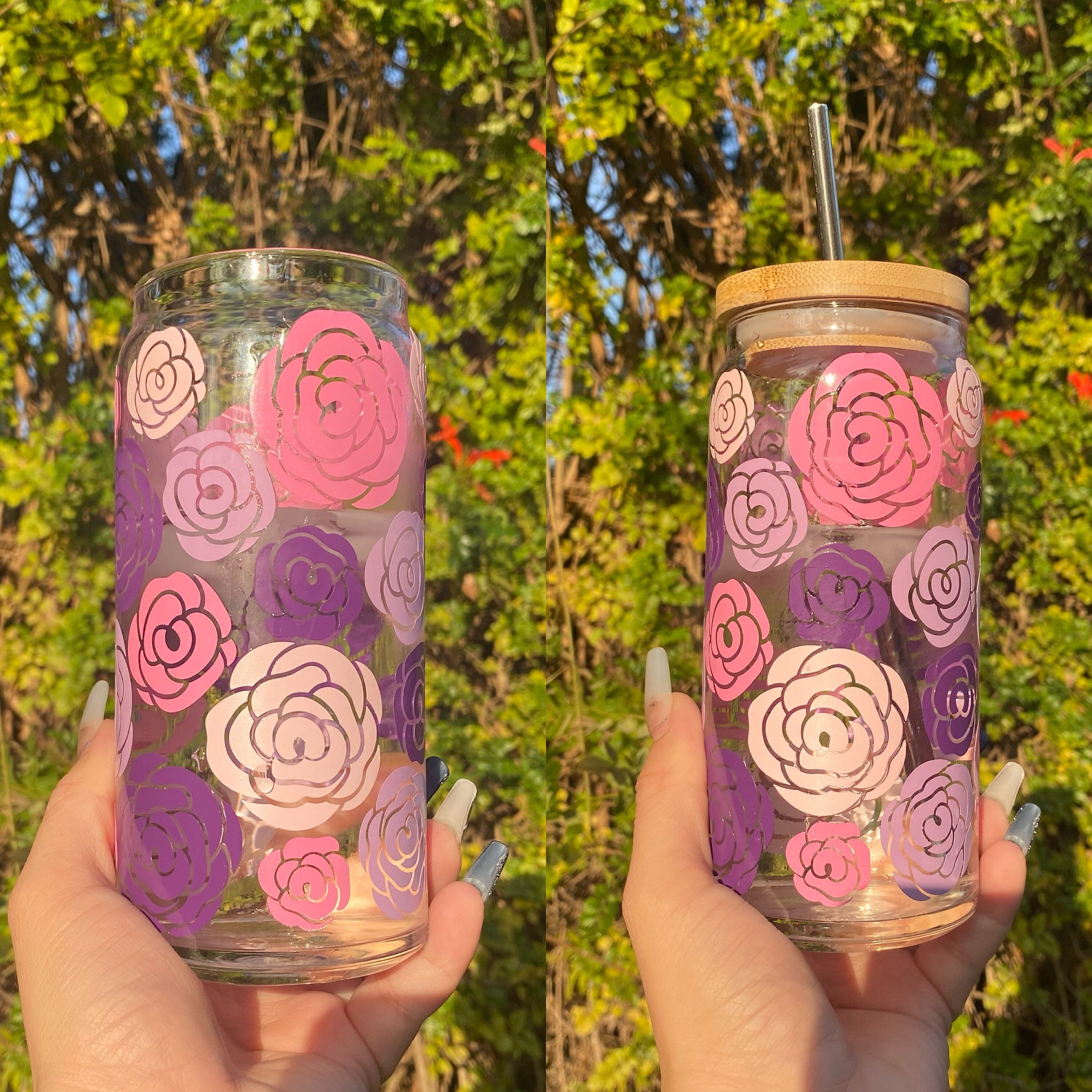 Roses Beer Glass Can, Flowers Glass Can, Libbey Beer Glass Can, Roses Flowers Svg, Floral Tumbler, Pink Roses, Iced Coffee Cup, Floral Glass