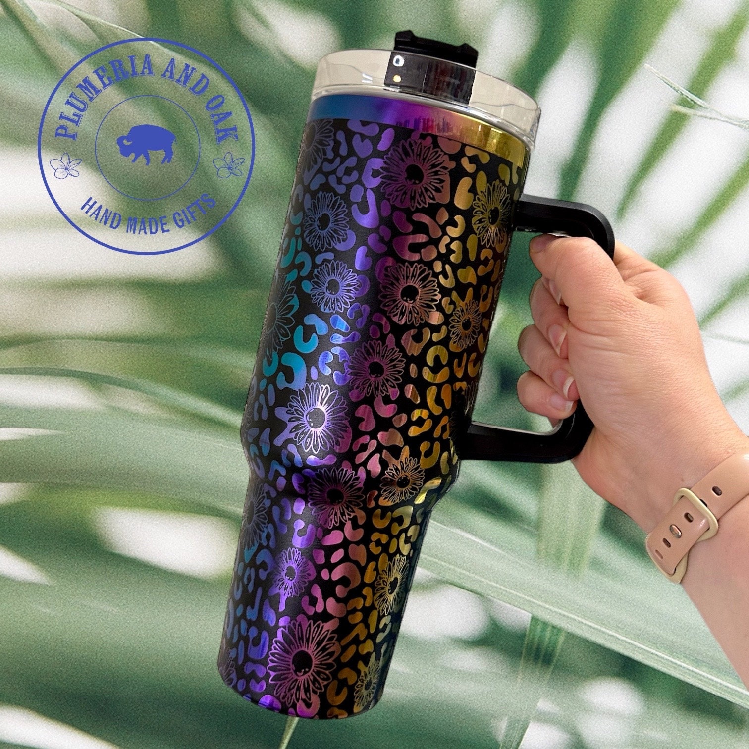 Metallic Rainbow Tumbler, custom water bottle, laser engraved tumbler, personalized cup, plumeria and oak, rainbow cup