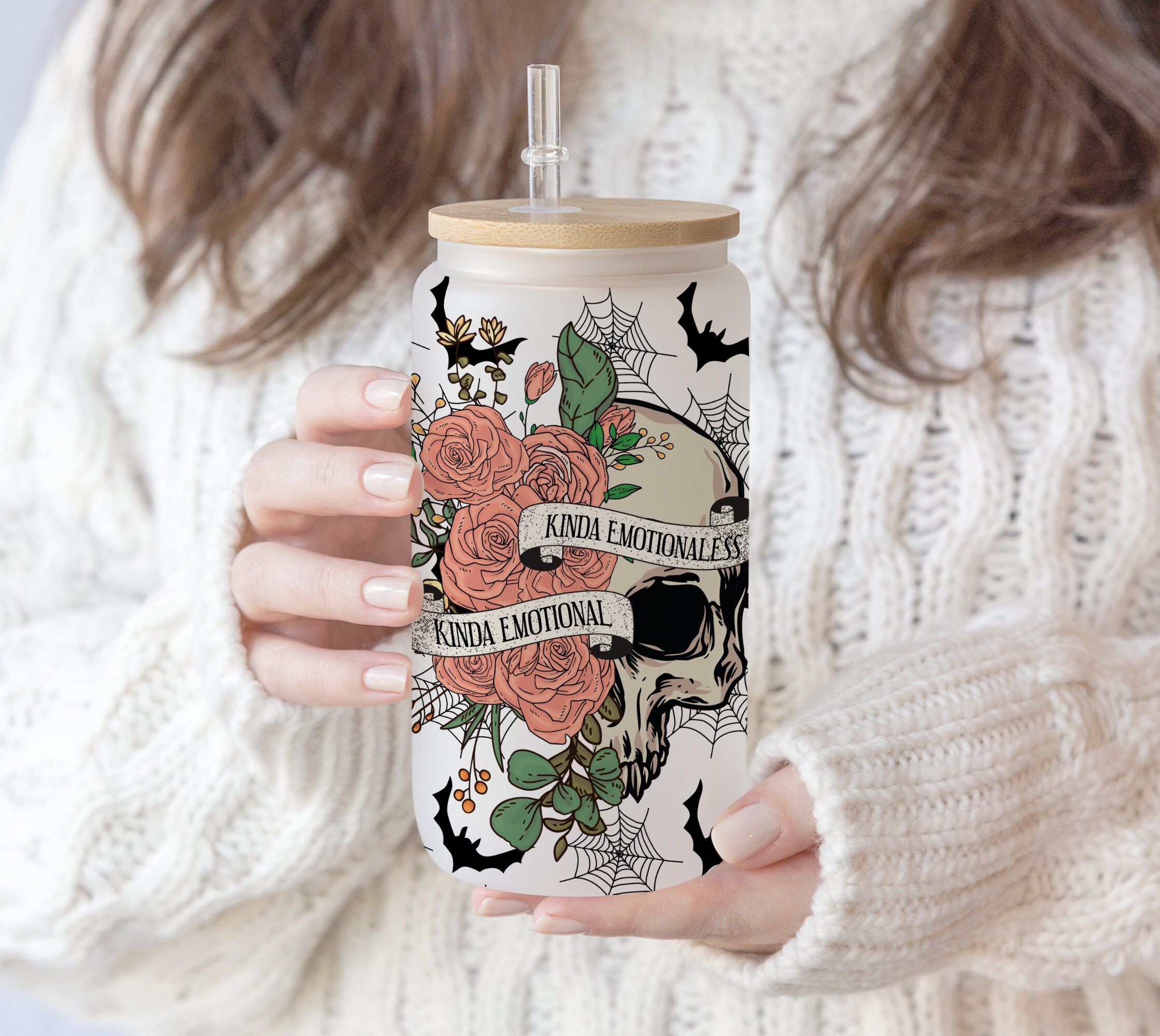 2 Files 16 oz Libbey Glass Can Kinda Emotional Kinda Emotionless Png, Kinda Emotional Seamless, Floral Skeleton,Halloween png, pen wrap PNG