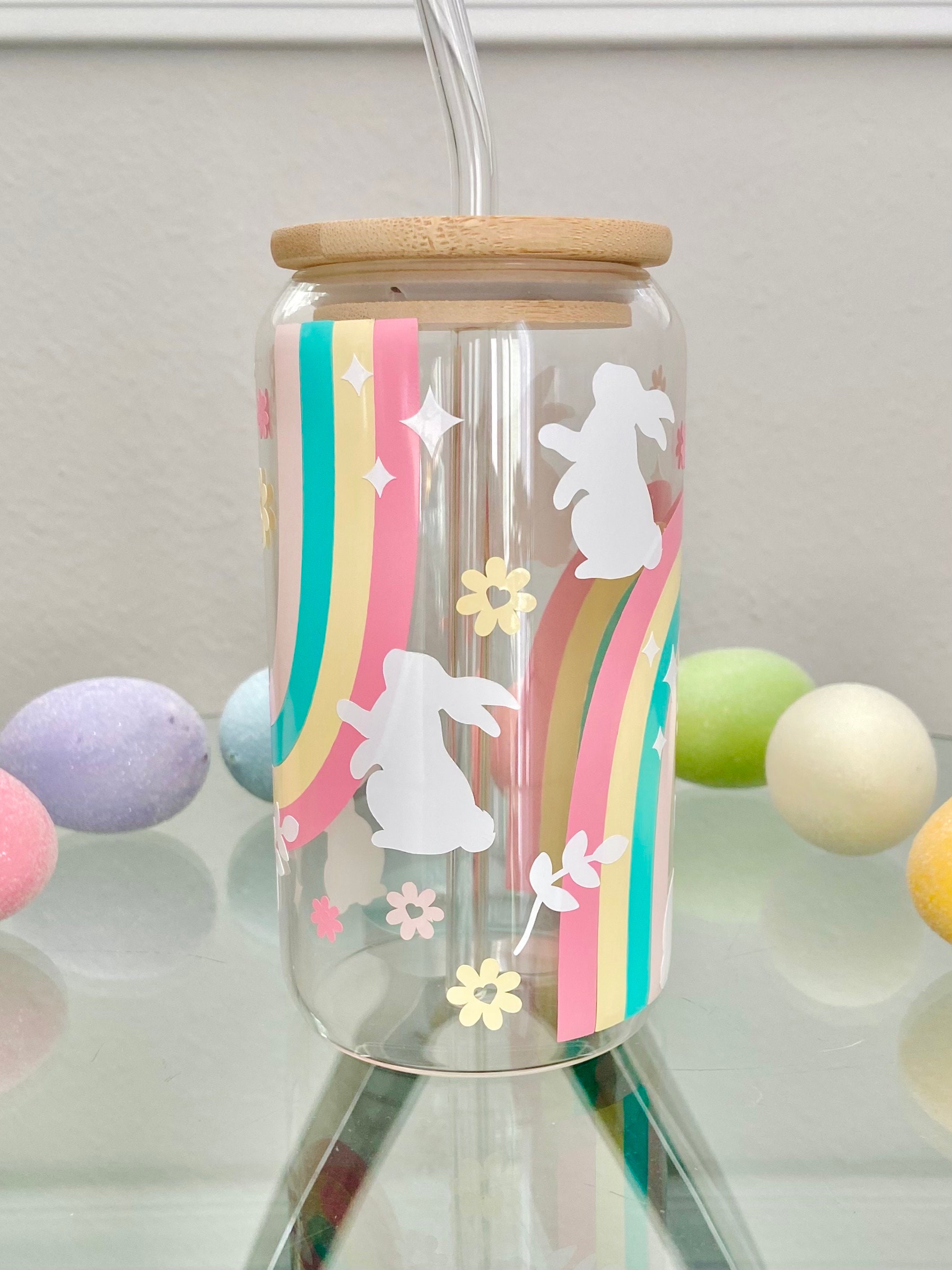 Rainbow and bunny Easter glass cup | 16 oz libbey glass can | Easter cup | bunny cup | Easter gifts | Easter basket stuffers | Easter