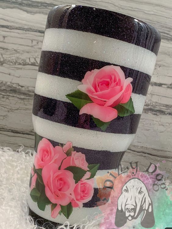 Pink Roses Striped Glitter Tumbler