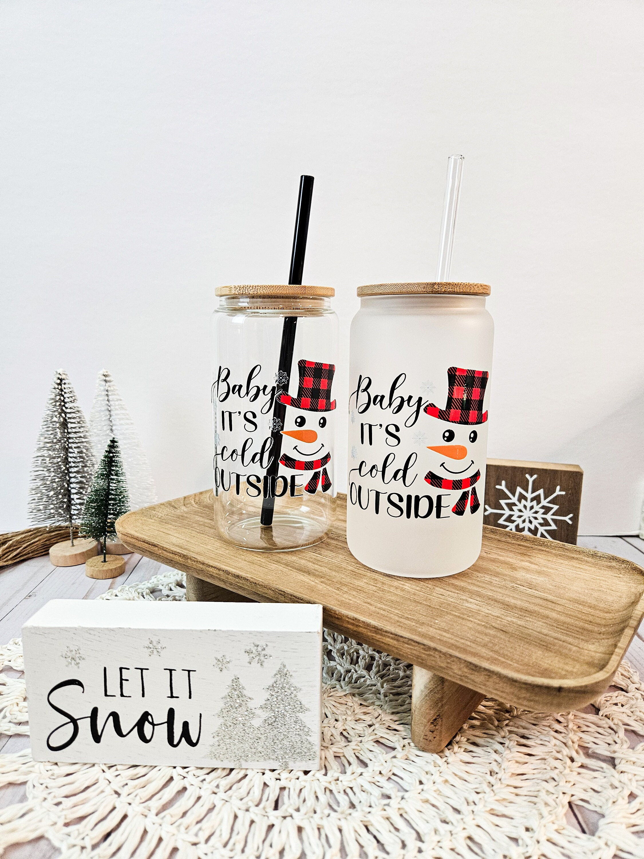 Baby Its Cold Outside Glass Cup, Snowman Coffee Cup, Iced Coffee Glass Can with lid and straw, Trendy Coffee Glass, Winter Snowflake Tumbler