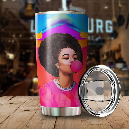 Black Girl Blow Pink Bubble  Stainless Steel Insulated Tumbler Cups, Gift Ideas For Wife, Good Fathers Day Gifts, Gift For Girlfriend