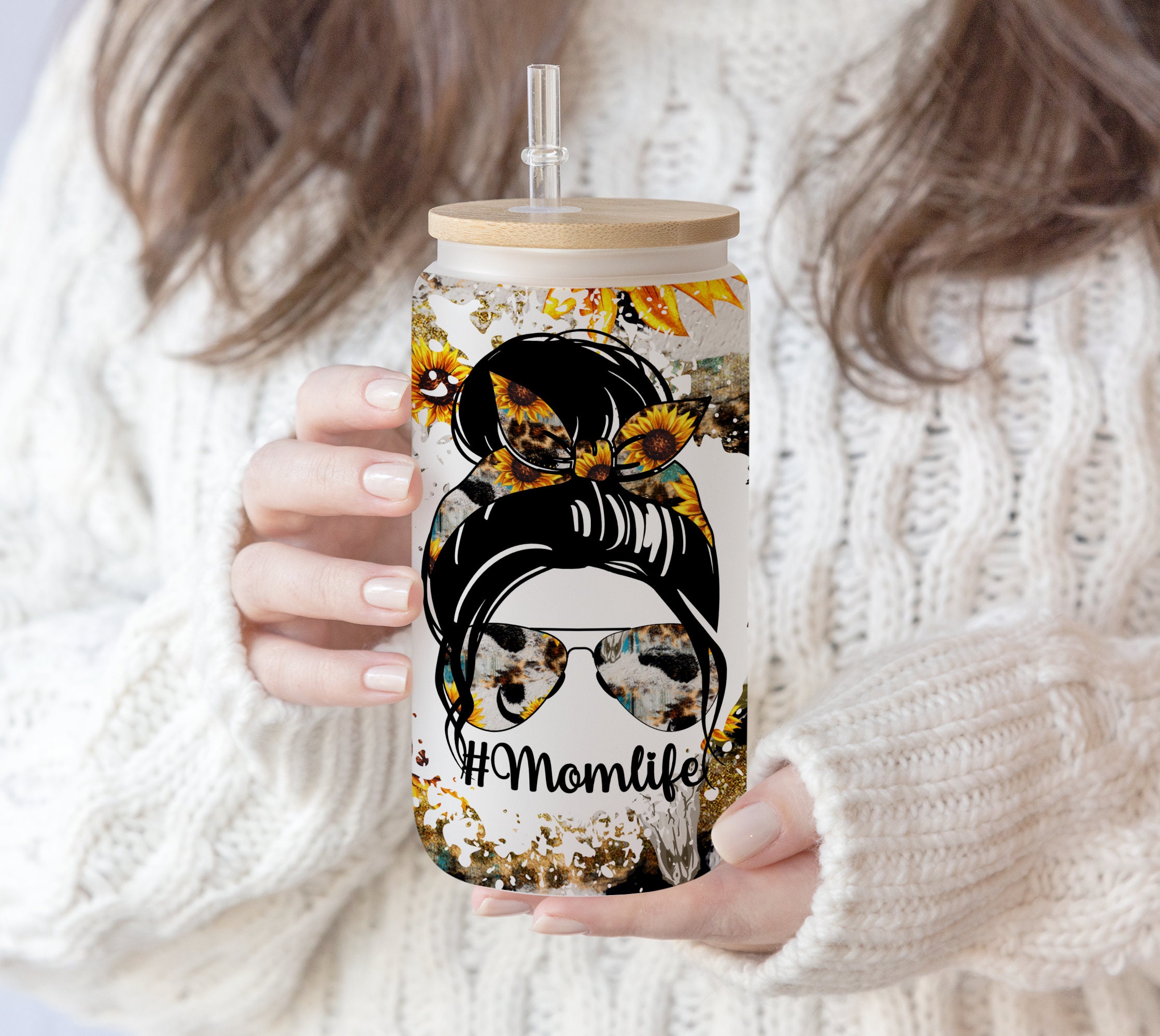 16 oz Libbey Glass Can Sunflower Momlife Leopard Wood Cow Print Sublimation Sunflower Gift for mom | Mother’s Day | PNG Digital Download