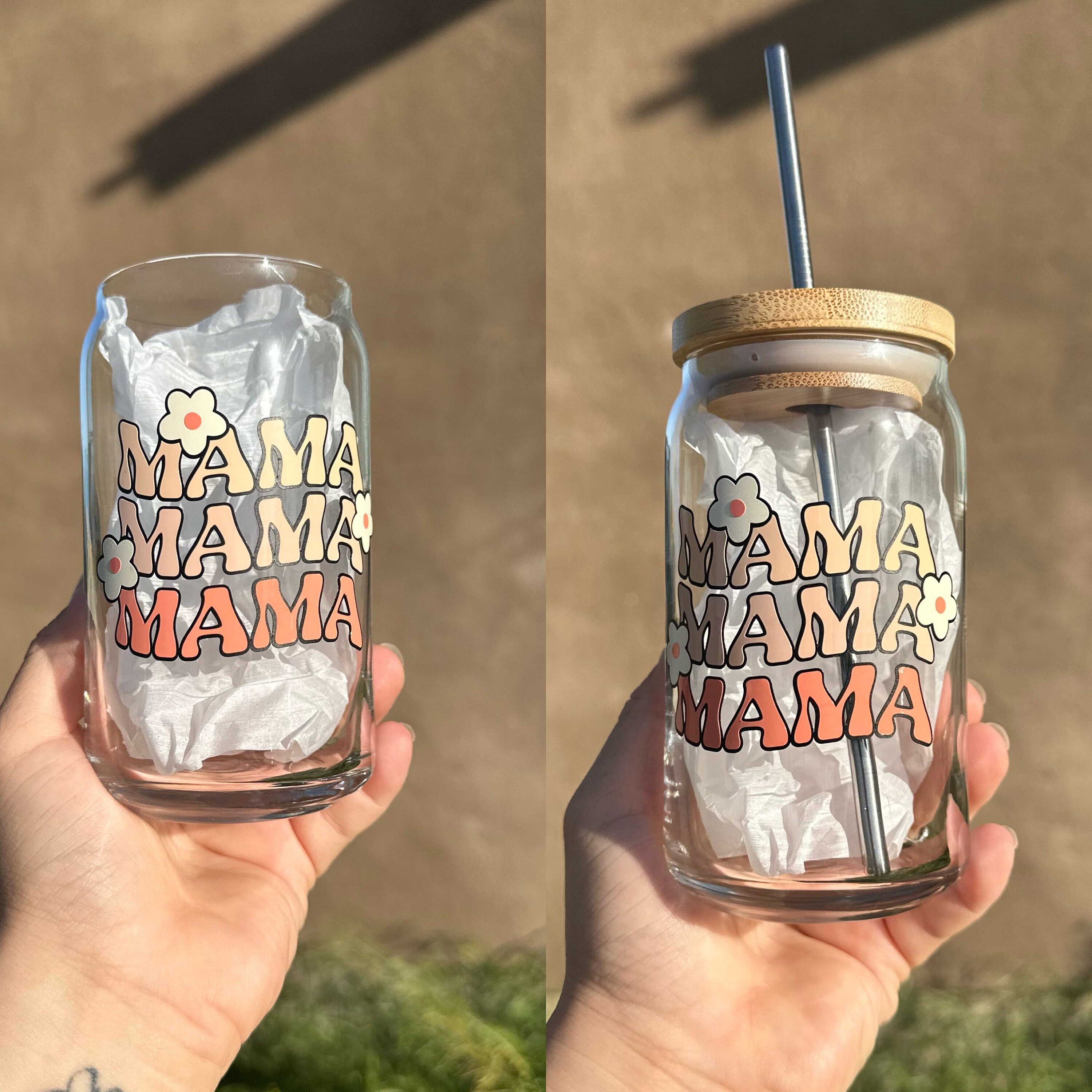 MAMA MAMA MAMA, Beer Glass, mothers day Cup, Moms, mom cups, mum of the year, mom gift ,Iced Coffee Glass, Glass Can, Bamboo Lid,Libbey