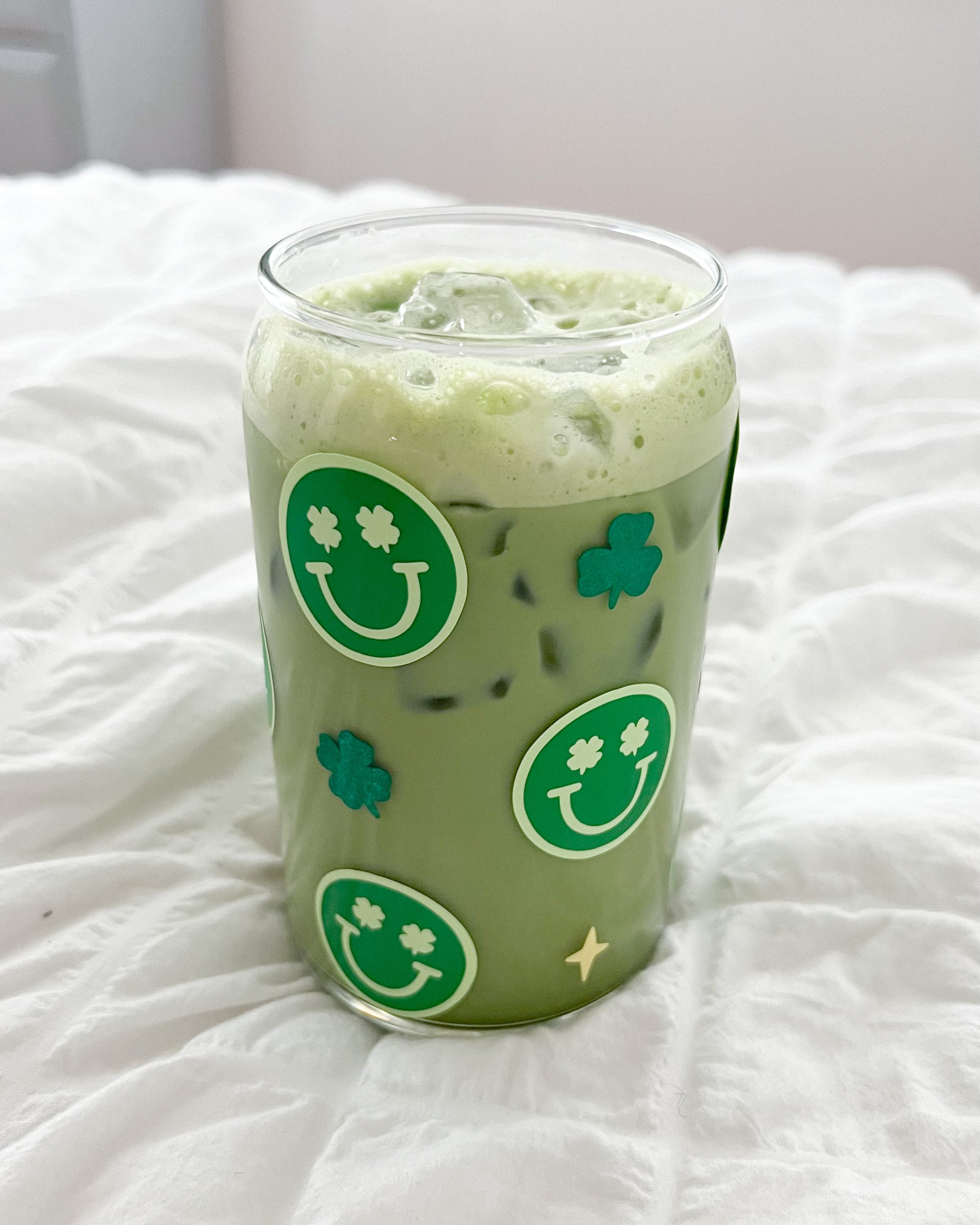 Happy face Face | Modern Coffee Glass | Beer Pint Glass | 16 oz Glass | Coffee Addicts | Morning Coffee | St. Patricks Cup | Lucky Clovers