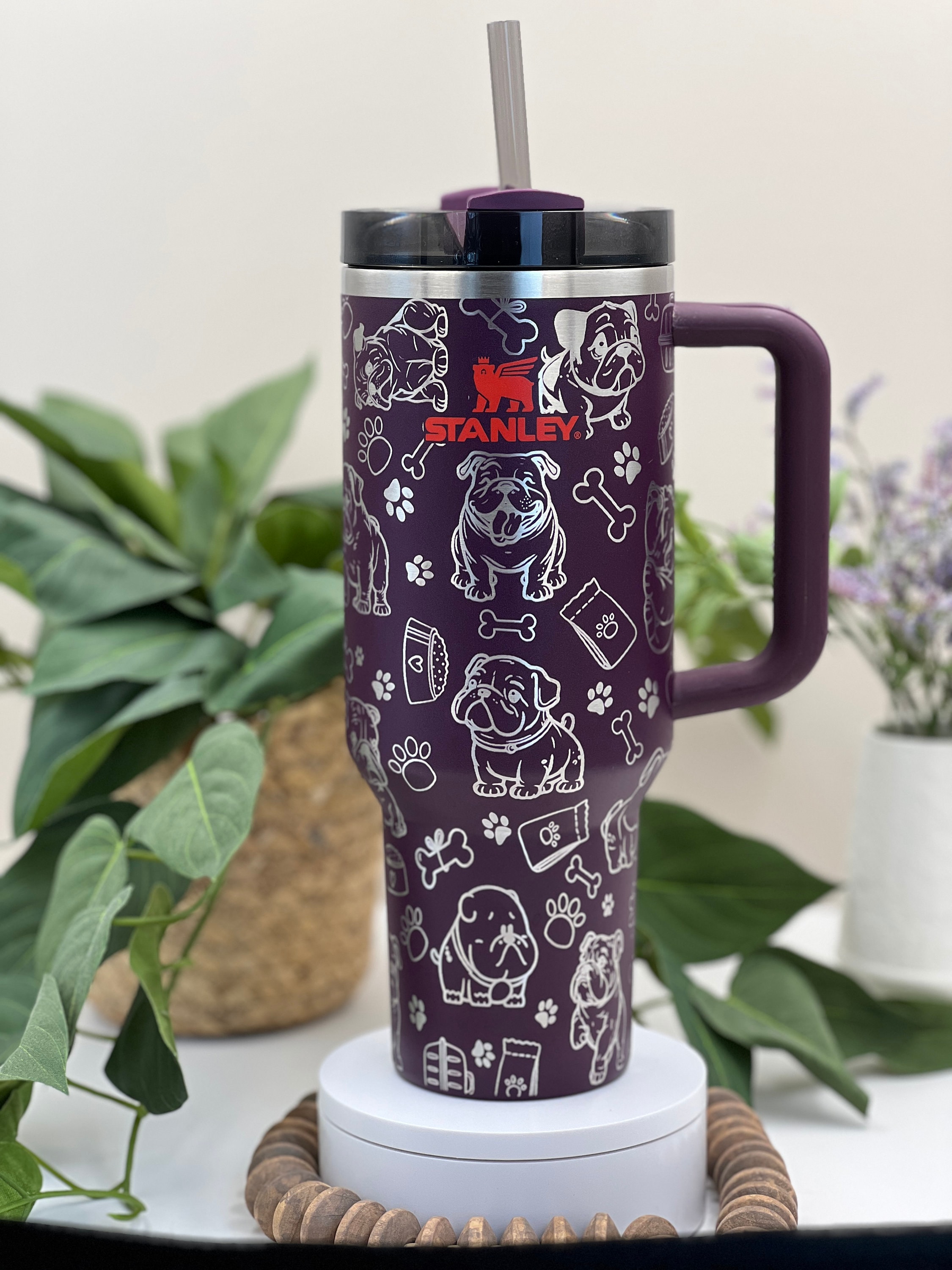 English Bulldog Doodles Laser Engraved 40oz Tumbler with Handle Lid and Straw, Custom Engraved Seamless Tumbler, Double Wall Insulated Cup