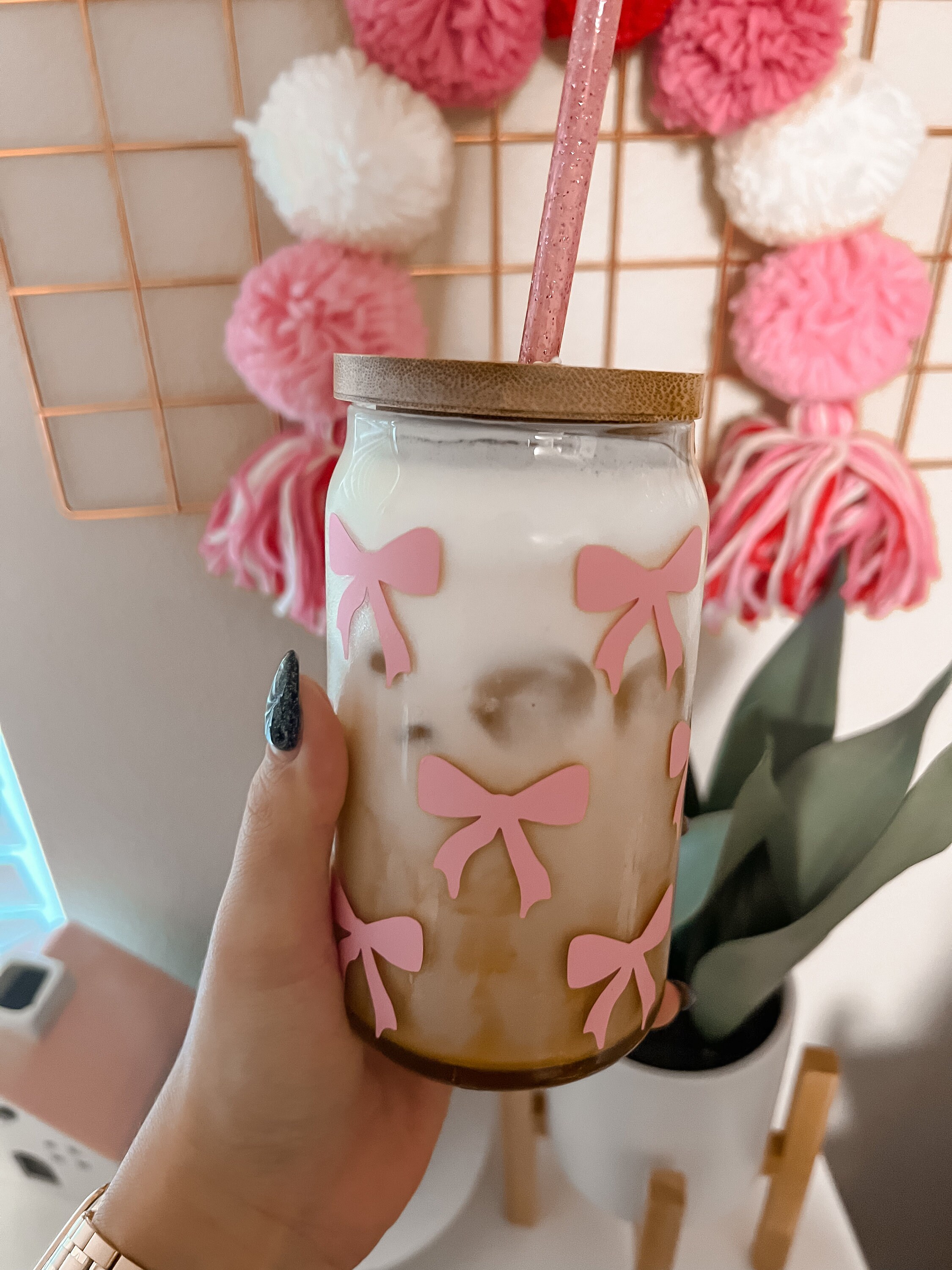 Pink Bow Beer Can Glass | Coquette Bow Glass Cup | Valentines Day Coffee Glass | Gift for Her | Valentines Gift | Iced Coffee Glass