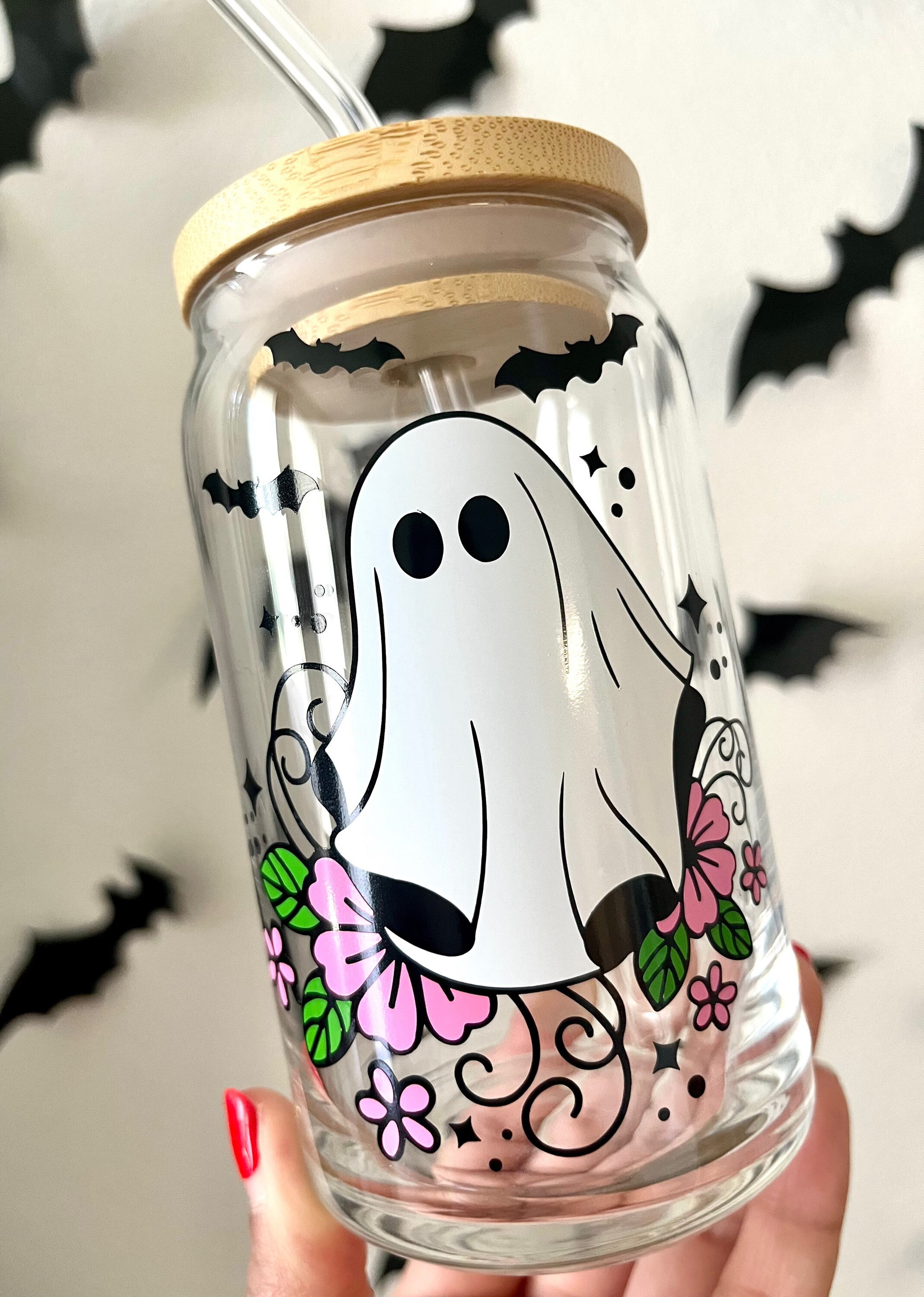 Cute Ghost Glass Cup / Floral Ghost Cup / Halloween Glass Cup / Iced Coffee Glass / Beer Can Glass Cup / Spooky Glass Cup