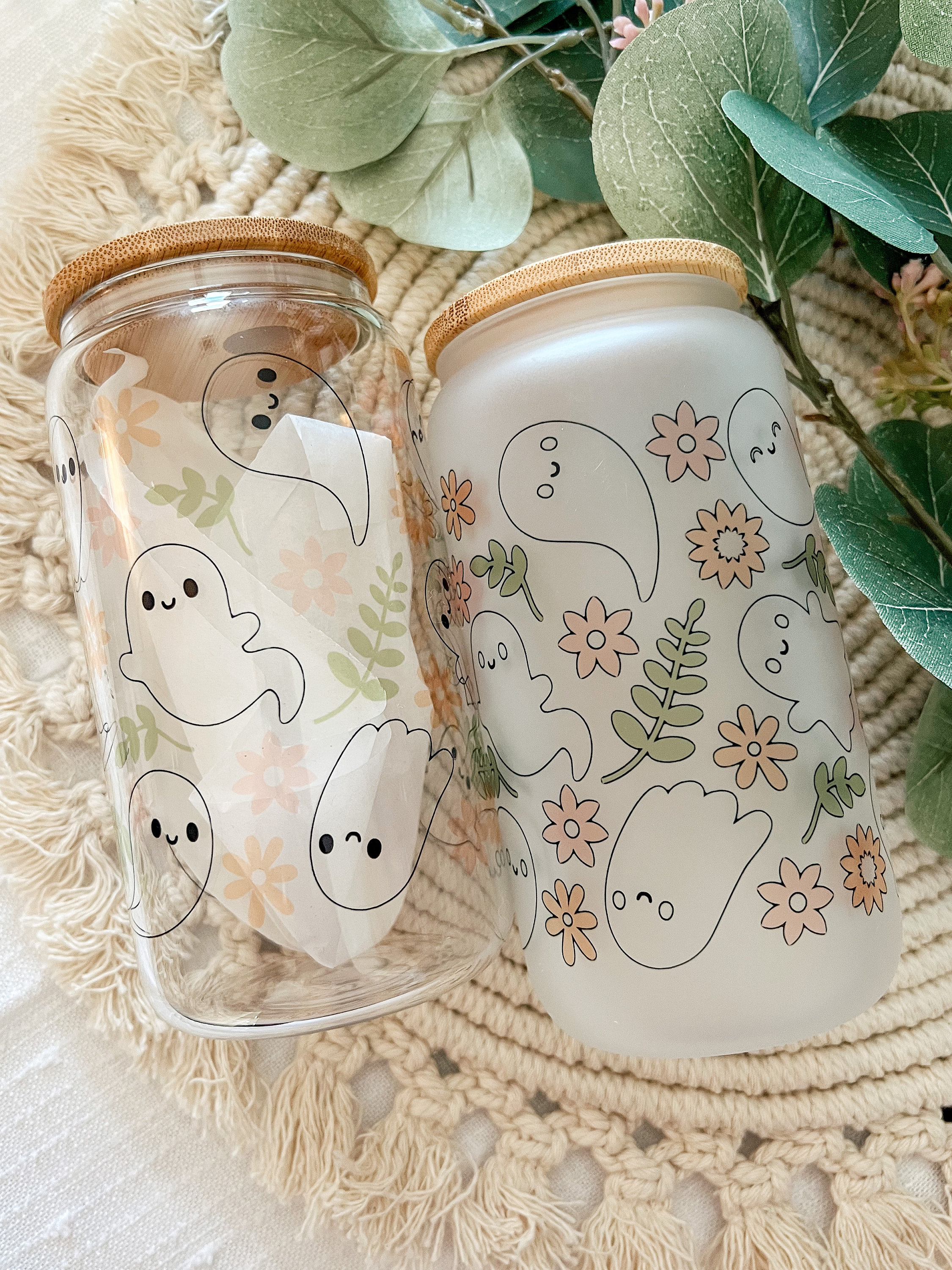 Cute Floral Ghost Glass Can Cup 16oz