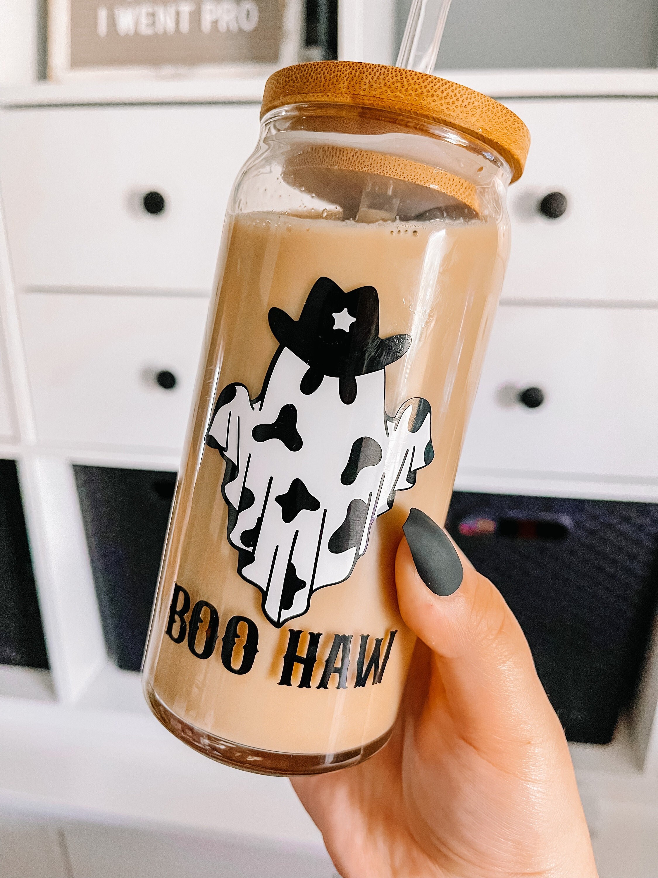 Boo Haw Ghost Iced Coffee Glass, Halloween Iced Coffee Glass, Spooky Vibes, Halloween Tumbler, Boho Glass Can, Aesthetic Glass Can