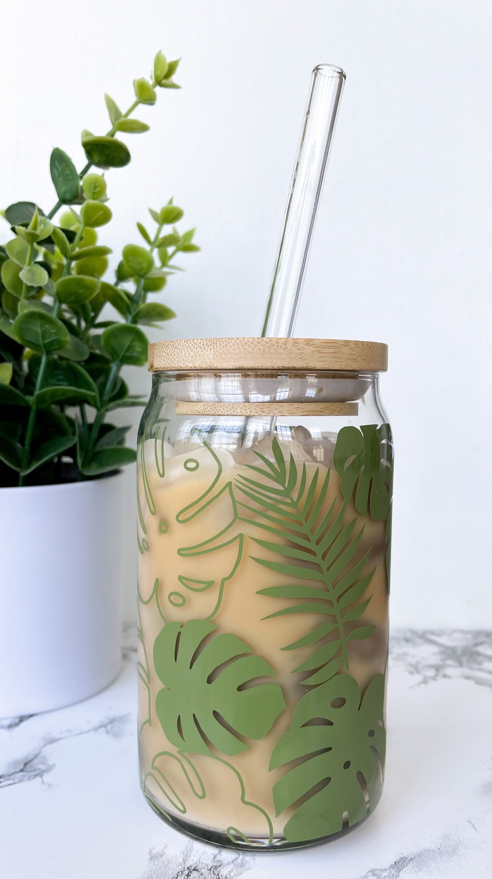 Monstera Leaves Beer Can Glass, Iced Coffee Can Glass, Boho leaves coffee glass