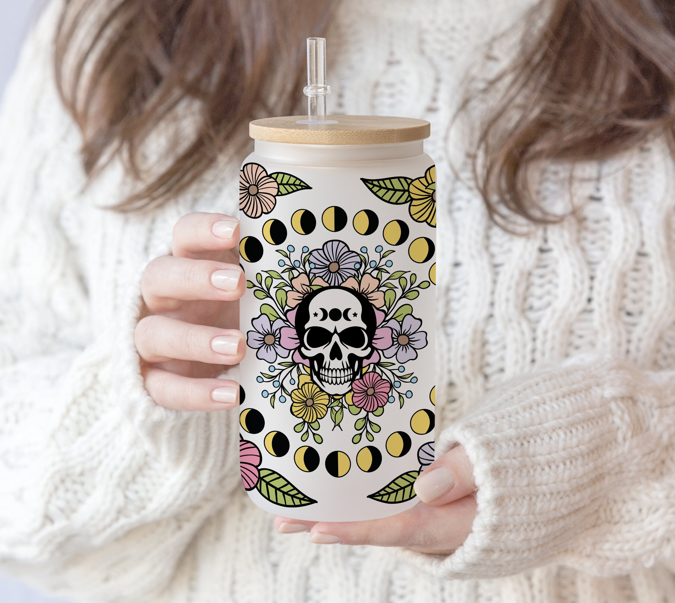 16 oz Libbey Beer Glass Can Skull Retro Trendy Floral Skull Celestial Moon Phase | Scary Skeleton Skull Flower Halloween PNG file