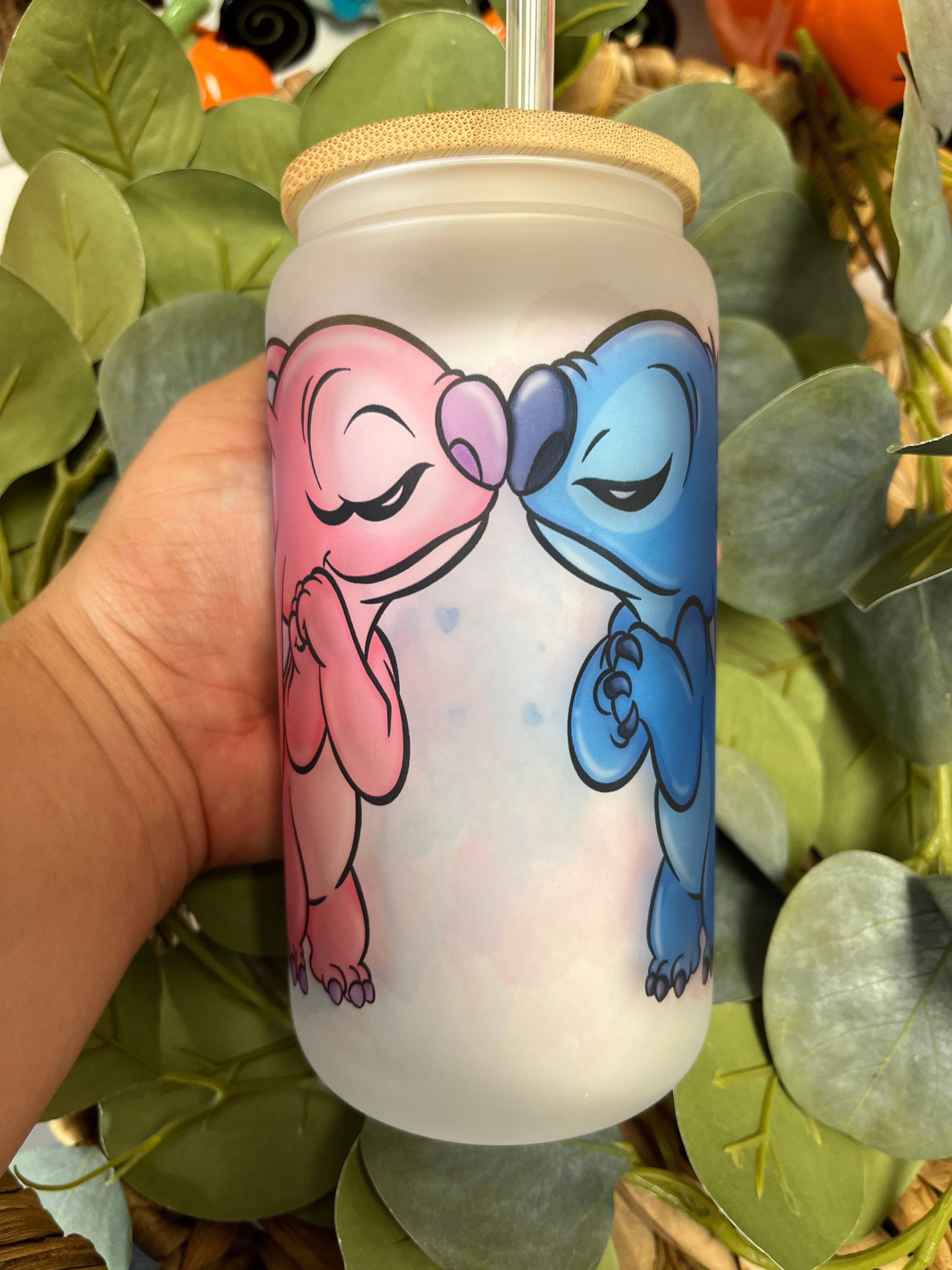 Stitch and Angel frosted glass can, custom glass can, Stitch glass can