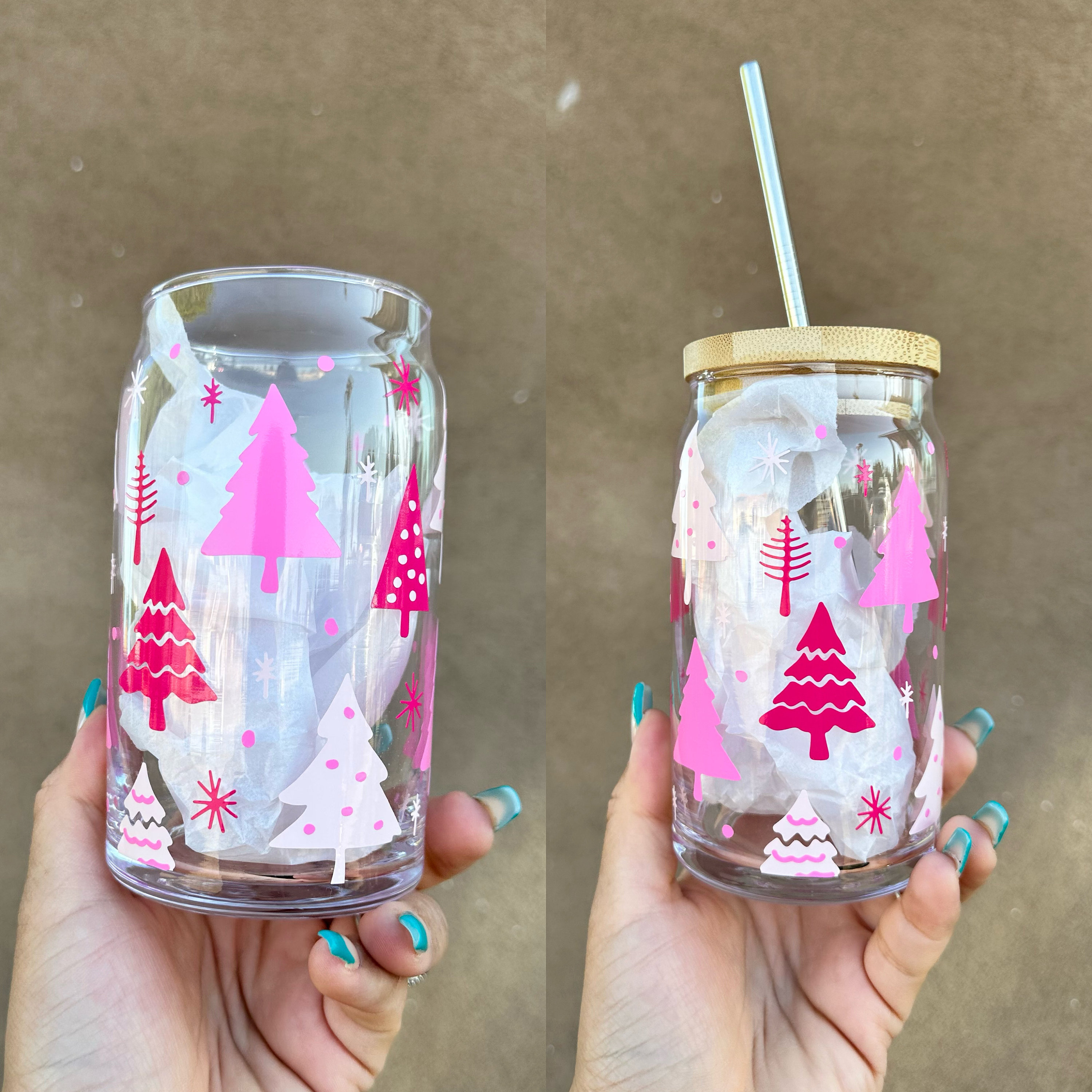 Pink Christmas tree Beer Glass Can, Christmas Cups, Christmas Glass, Christmas Decorations, Beer Glass Can, pink cups. Pink holiday decor