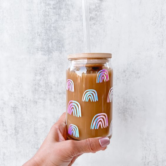 Boho Rainbow Beer Can Glass Cup, Aesthetic Iced Coffee Glass Tumbler