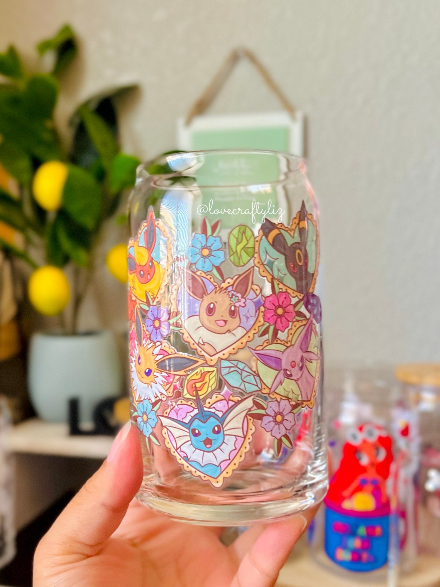 Poke Eeveelutions 16oz Beer Can Glass | Spring Cup | Iced Coffee | Gift | Daisies | Pocket Monsters | POGO| Eevee | PKMN | Floral