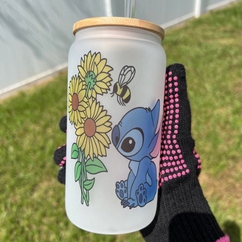 Cute Sunflower Stitch 16 Oz Frosted Beer Glass Can Cup, Disney Cups, Iced Coffee Cups, Cute Stitch Cups, Personalized Gifts, Gift Ideas