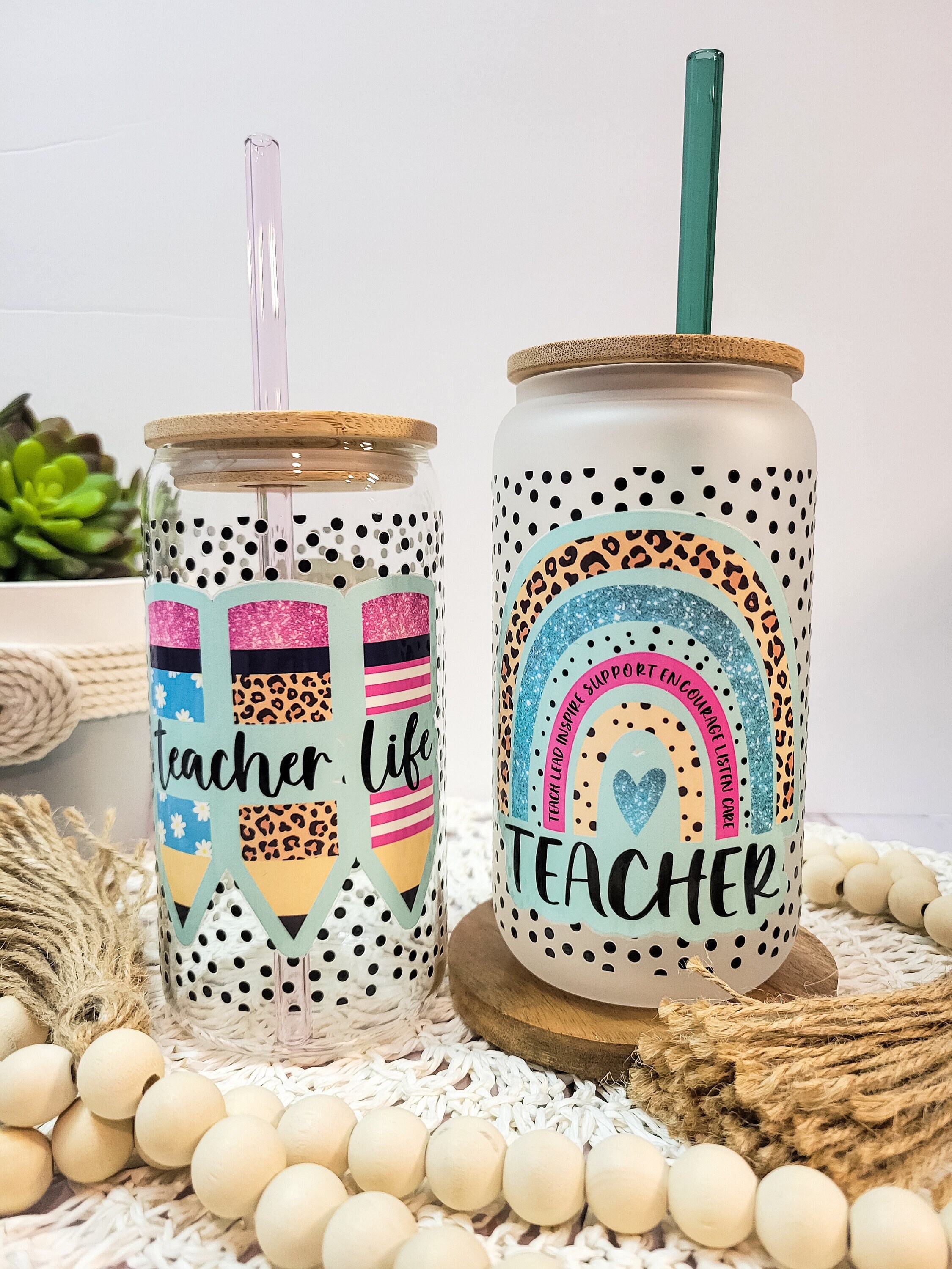 Teacher Glass Cup, Teacher Life Tumbler, Glass Cup Bamboo Lid, Boho Rainbow, Teacher Appreciation Gift, Iced Coffee Glass Cup, 16 oz Glass